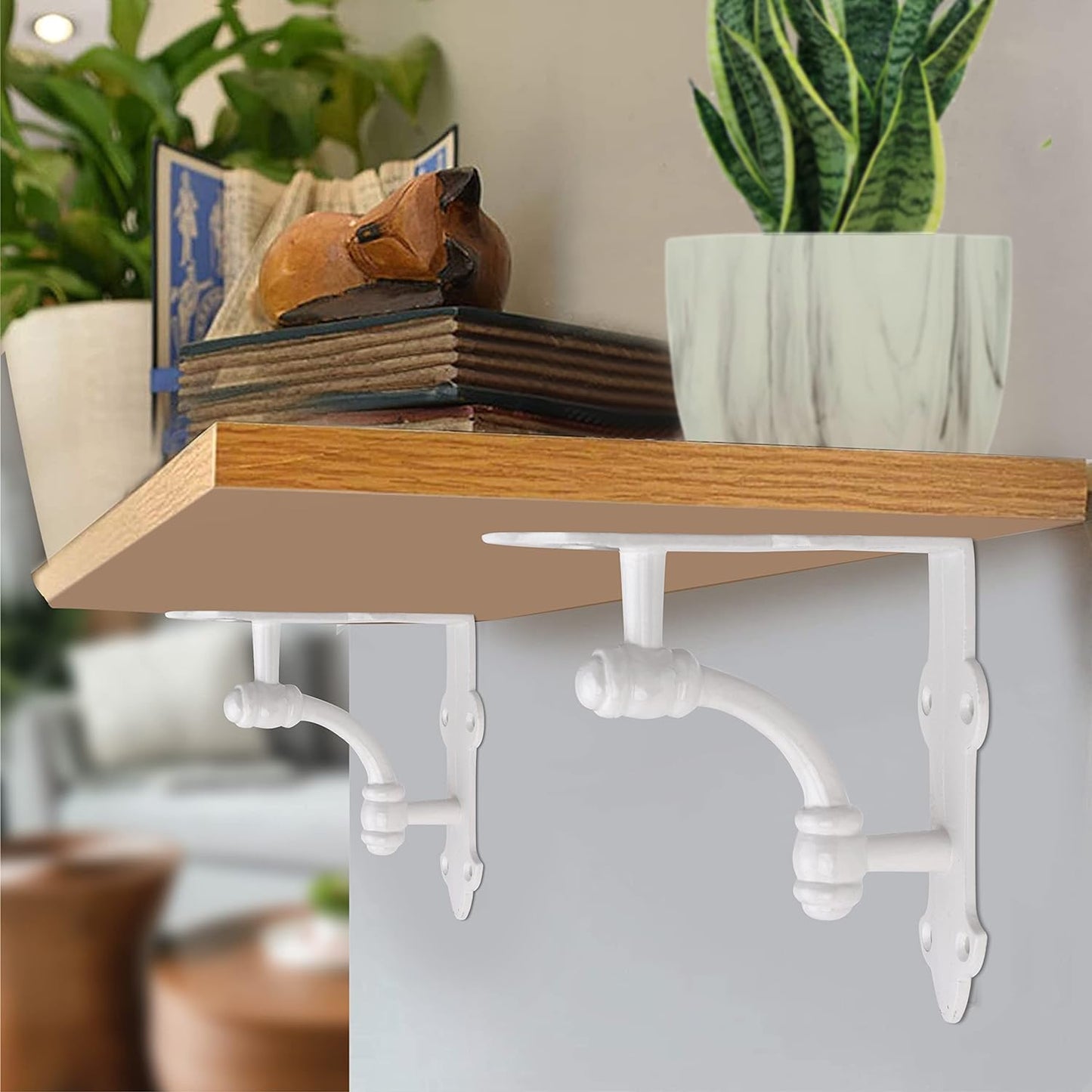Wall Shelf Brackets, 9.25 inches, Set of 4 Ornate Pattern in White Finish Bracket, Includes Mounting Hardware