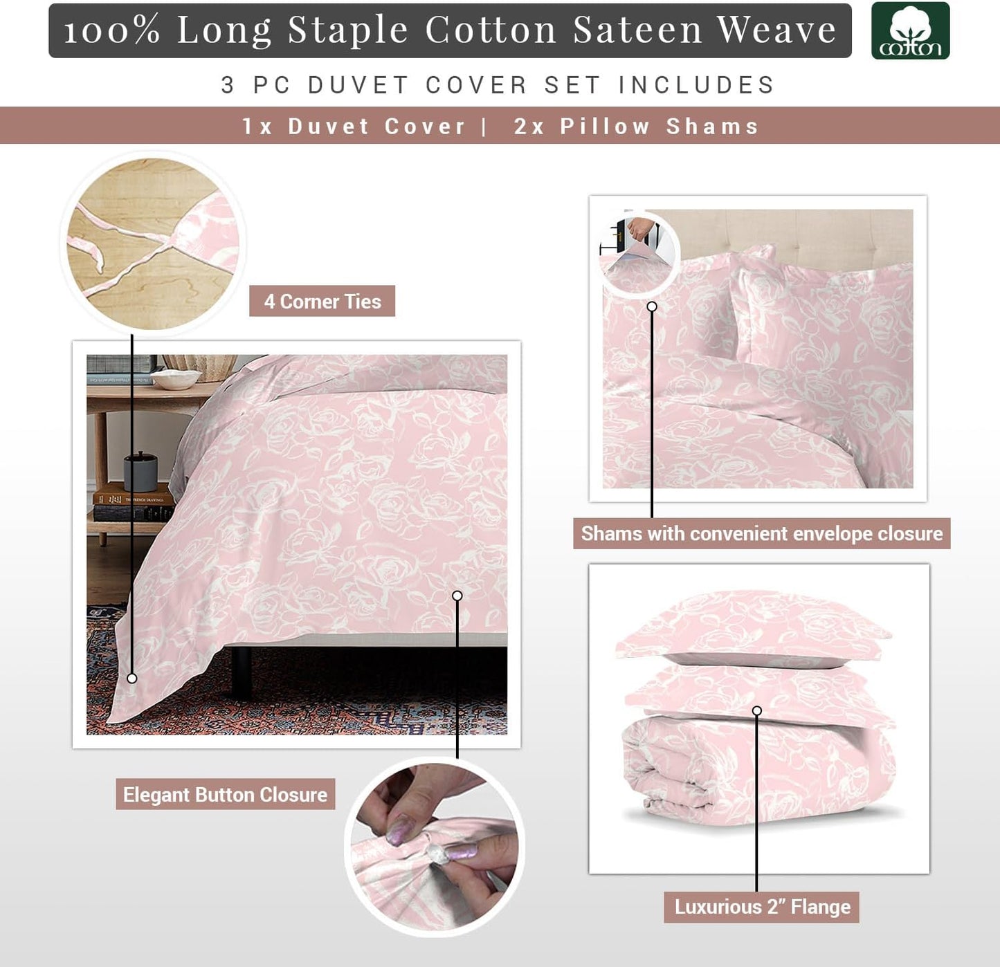 Pizuna Pure 100% Cotton Full Duvet Cover Set, Luxurious 400 Thread Count Long Staple Cotton Sateen Weave with Button Closure (Combed Grey Cascade Stripe Cotton Duvet Cover Full)