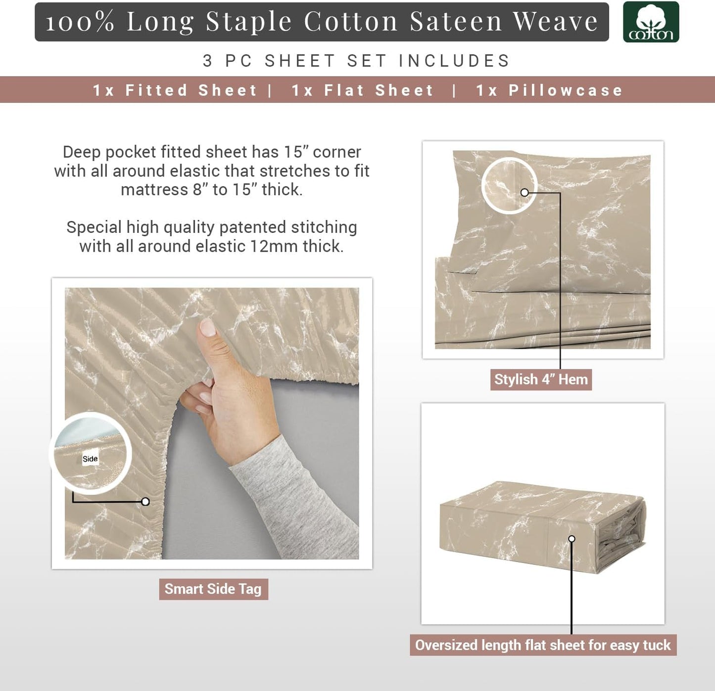Pizuna Marble Taupe Print Twin Cotton Sheets Set, 400 Thread Count 100% Long Staple Twin Cooling Sheets Cotton Sateen Weave, 15 Inch Deep Pocket Twin Sheets Set (Printed Cotton Sheets)