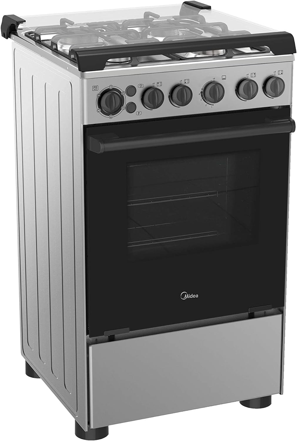 Midea 49.5x55.6x85 cm, Freestanding Cooker, Full Gas Cooking Range With 4 Burners, Stainless Steel, Automatic Ignition & Full Safety, Cast Iron Pan Support, Mechanical Timer, Heat Resistant Knobs