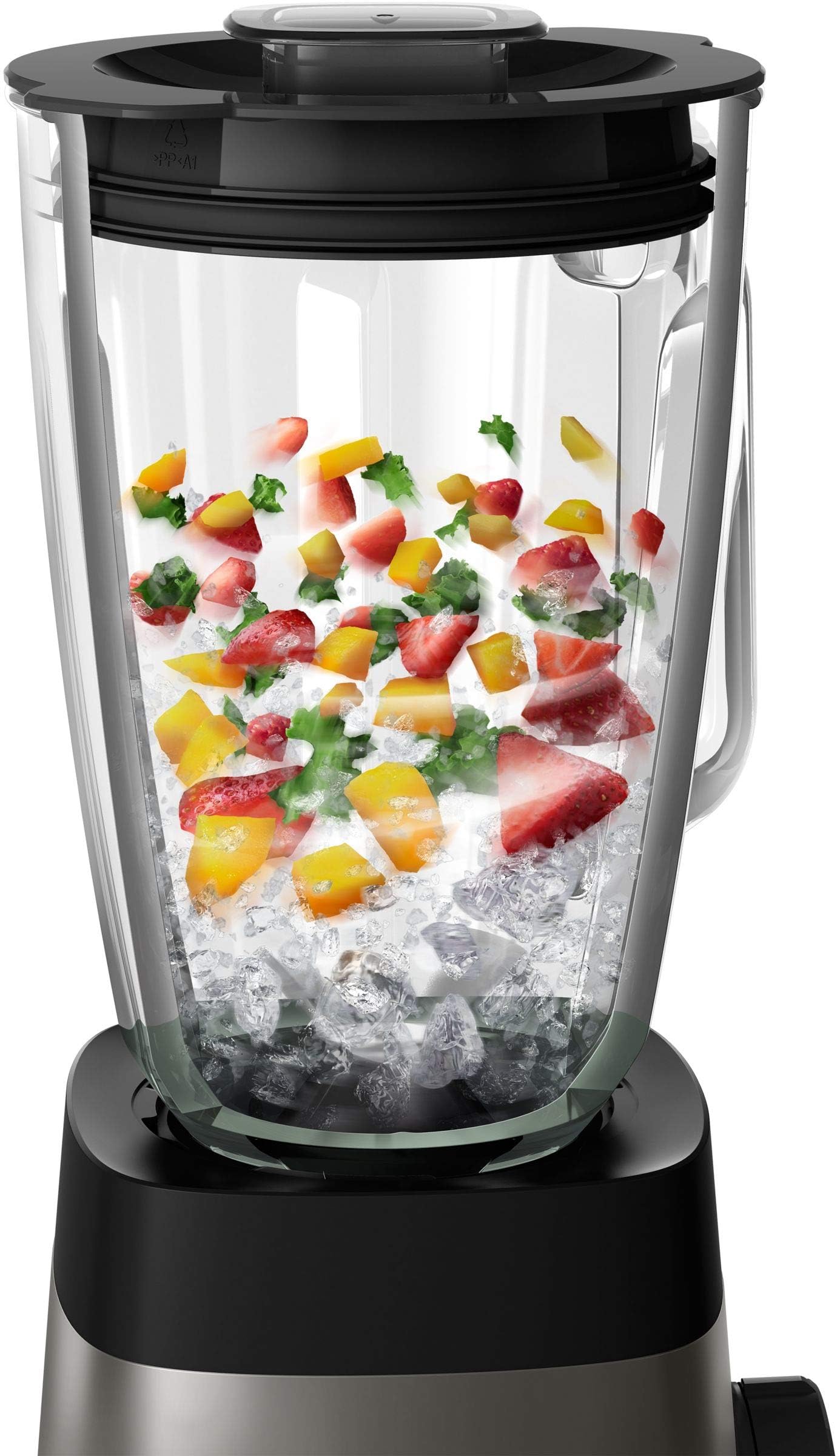 PHILIPS Series 5000 Blender, Metallic, 1000W metal, variable speed, 2l glass jar, 1 tumbler, problend 6, pulse button HR3573/91. 2 years warranty