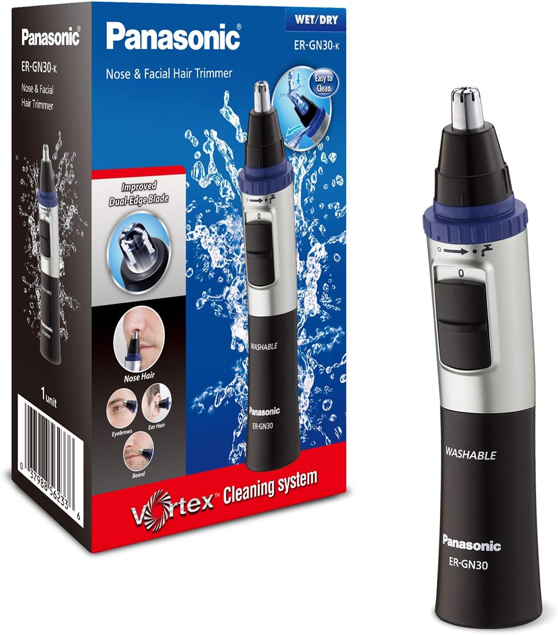 Panasonic ER-GN30-K Nose, Ear n Facial Hair Trimmer Wet/Dry with Vortex Cleaning System, Black