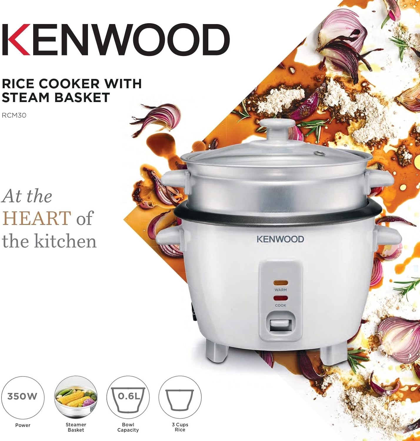 KENWOOD 2-in-1 Rice Cooker 0.6L 3-Cups Rice with Food Steamer Basket, Non-Stick Cooking Pot, Temepered Glass Lid, Warm/Cook Lights, Spatula Holder, Detachable Cord RCM30.000RD Red
