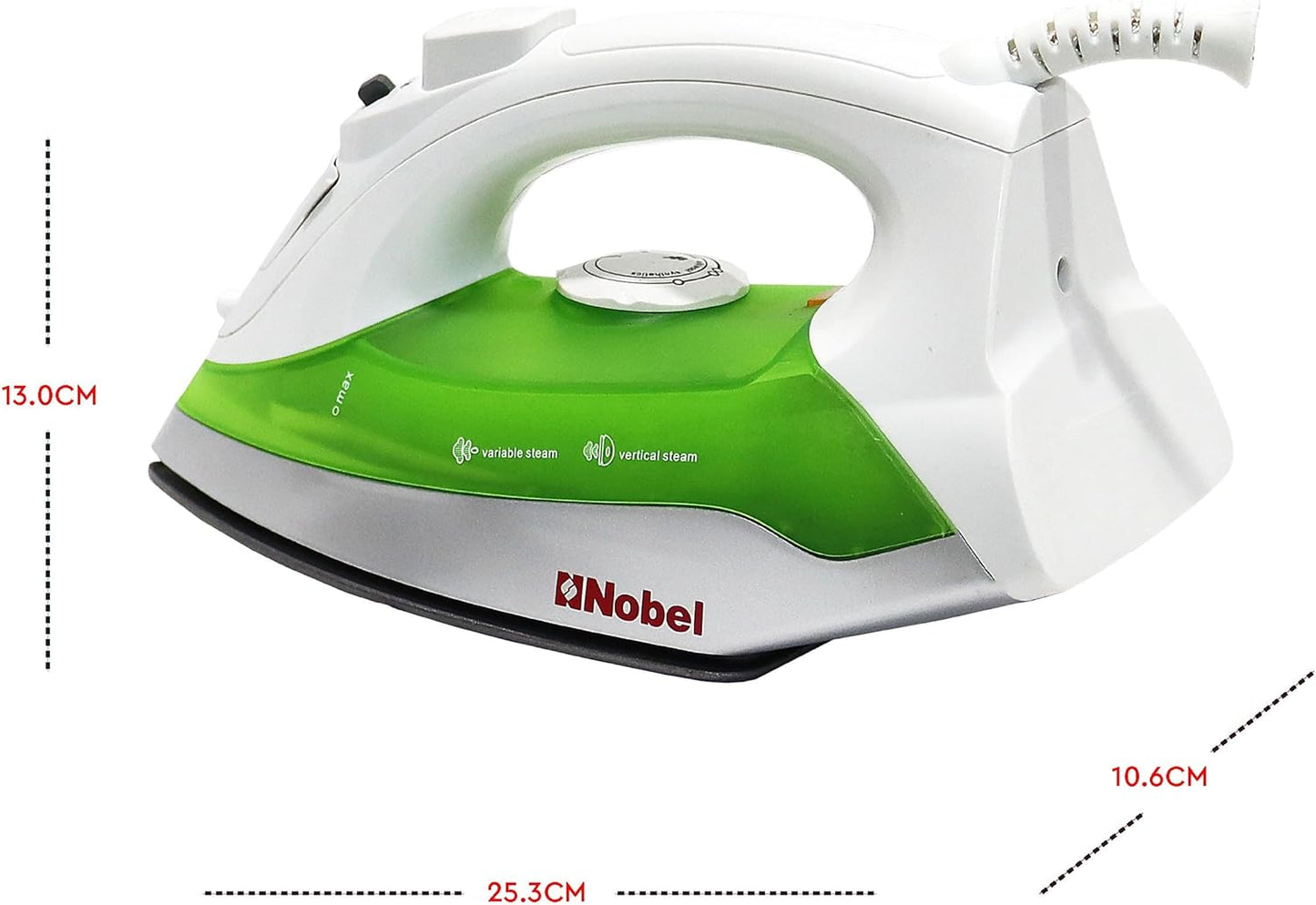 Nobel Variable & Vertical Steam Iron with Cord Length 2mtr, Cloth Seeve Cord, Non Stick Soleplate and Ergonomic Handle Design NSI246 Green With 1 Year Warranty