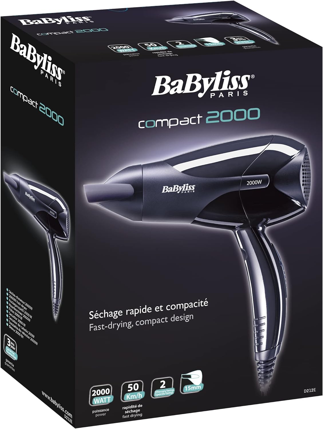 BaByliss Powerlight 2000 Dryer, Lightweight And Powerful 2000w Dryer With Quick Drying Time, 2 Heat & 2 Speed Control, Easy To Handle & Efficient And Customizable Settings, D212SDE (Black)