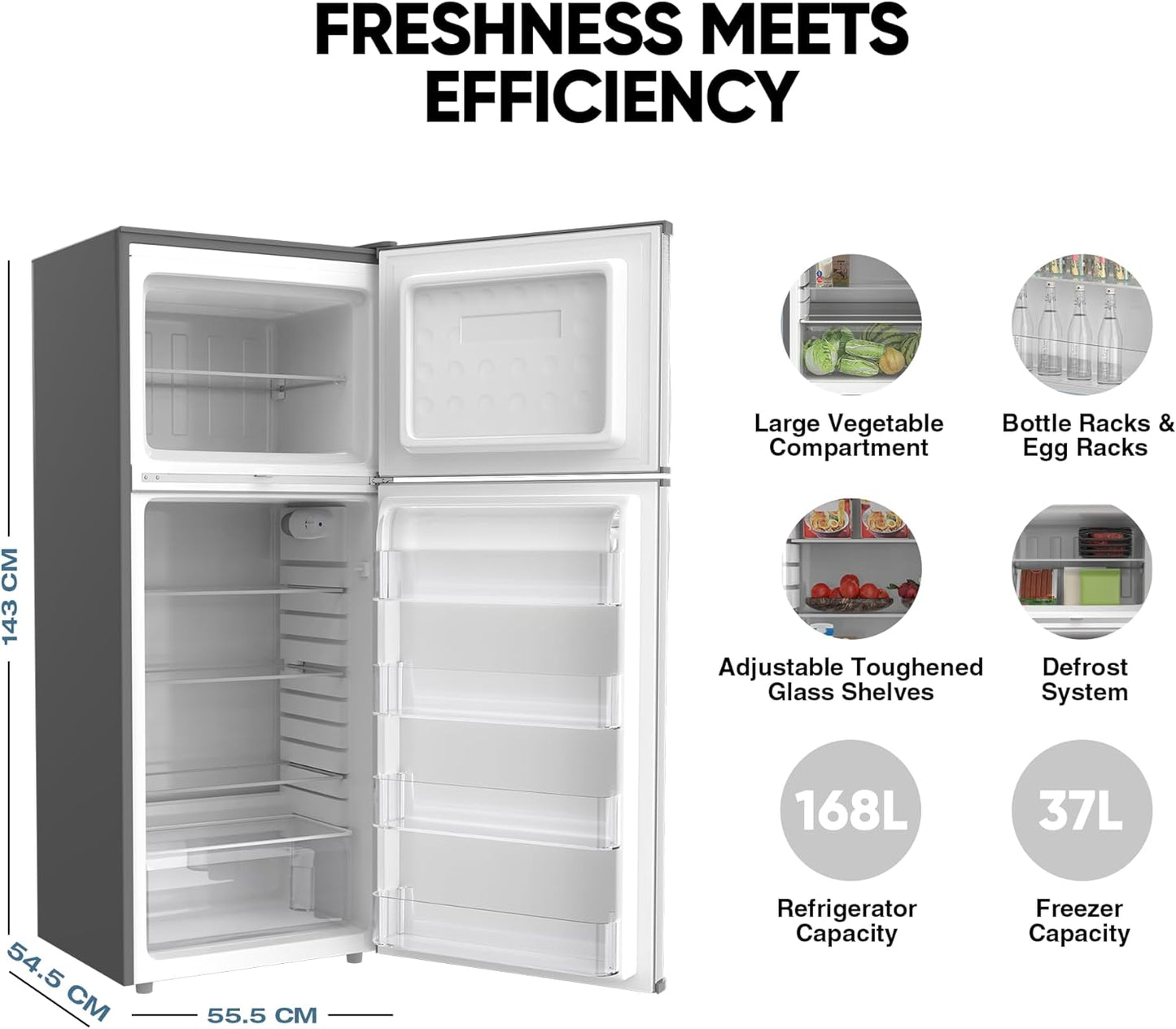 Nikai 170L Gross/112L Net, Double Door Refrigerator with Vegetable Crisper & Adjustable Glass Shelves, Defrosting & Temperature Control, Ideal for Kitchen, Bedroom, Office & Hotels - NRF170DN3M Silver