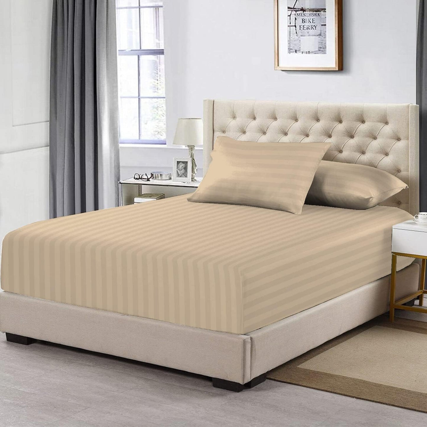 Pizuna 100% Cotton Dobby Striped Fitted Sheet Queen Size Taupe 1 Pc, 300 Thread Count Long Staple Cotton Sateen Damask Queen Fitted Sheet Only with 15 Inch Deep Pocket (Taupe Striped Sheets 1 Pc) -