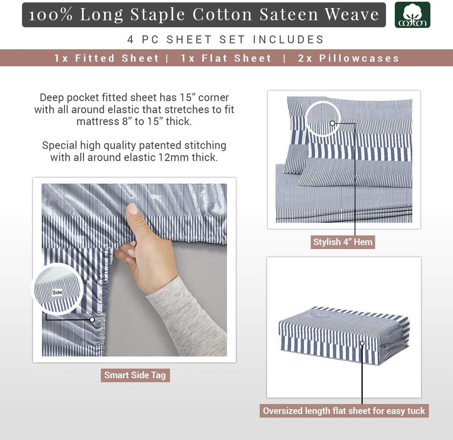 Pizuna Cotton Navy Cascade Stripe Print California King Sheet Sets, 400 Thread Count 100% Long Staple Cotton, Sateen Sheets Cotton Cal King Sheets Deep Pocket of 15 Inch (Printed Cotton Sheets)
