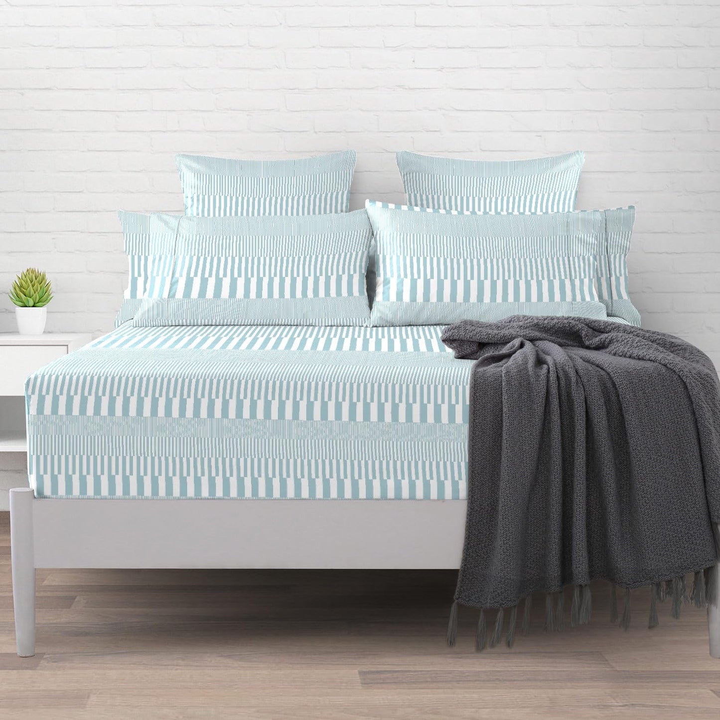 Pizuna Pure 100% Cotton Full Fitted Sheet Only, Luxurious 400 Thread Count Long Staple Cotton Sateen Weave 15" Deep Pocket Fitted Sheet (Combed Blue Cascade Stripe Full Fitted Sheet Cotton)