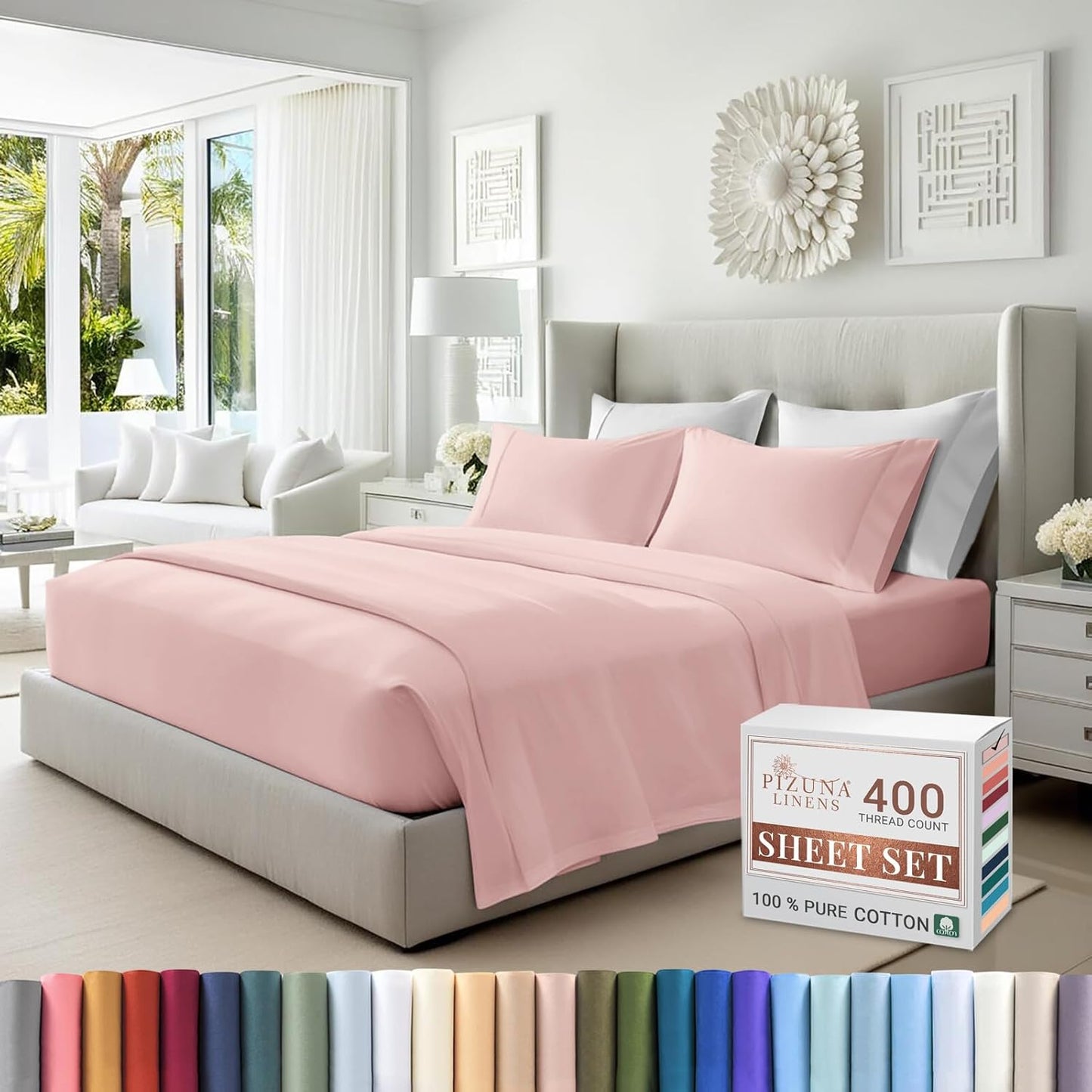 Pizuna Pure Combed Cotton California King Bed Sheet SetLight Pink, 400 Thread Count Cozy Luxury 100% Long Staple Cotton Sateen Weave Bedsheet Set (1 Flat Sheet, 1 Fitted Sheet, 2 Pillowcases)