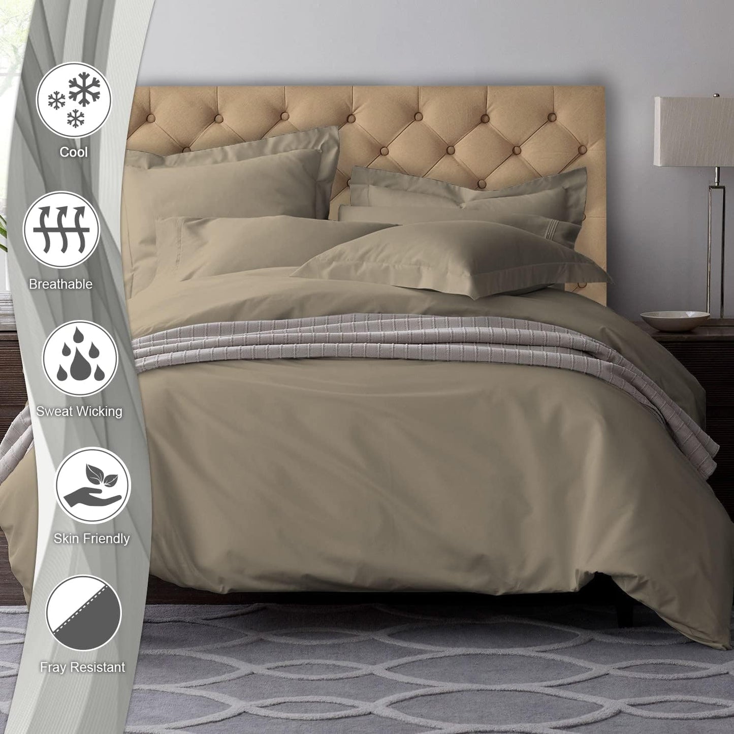 Pizuna Pure 100% Cotton Queen Duvet Cover Set, 600 Thread Count Long Staple Cotton Crisp Sateen Weave with Button Closure (Combed Simply Taupe Cotton Duvet Cover Queen)