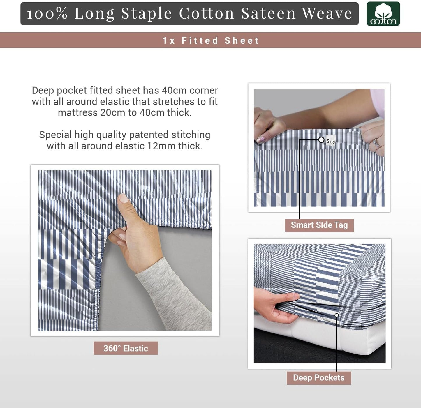Pizuna Cotton Twin XL Fitted Navy Cascade Stripe Sheet 1 Pc 400 Thread Count 100% Long Staple Cotton Sheets Sateen Printed Twin XL Sheets 15Inch Deep Pocket Fitted Sheet (Twin XL Fitted Sheet)