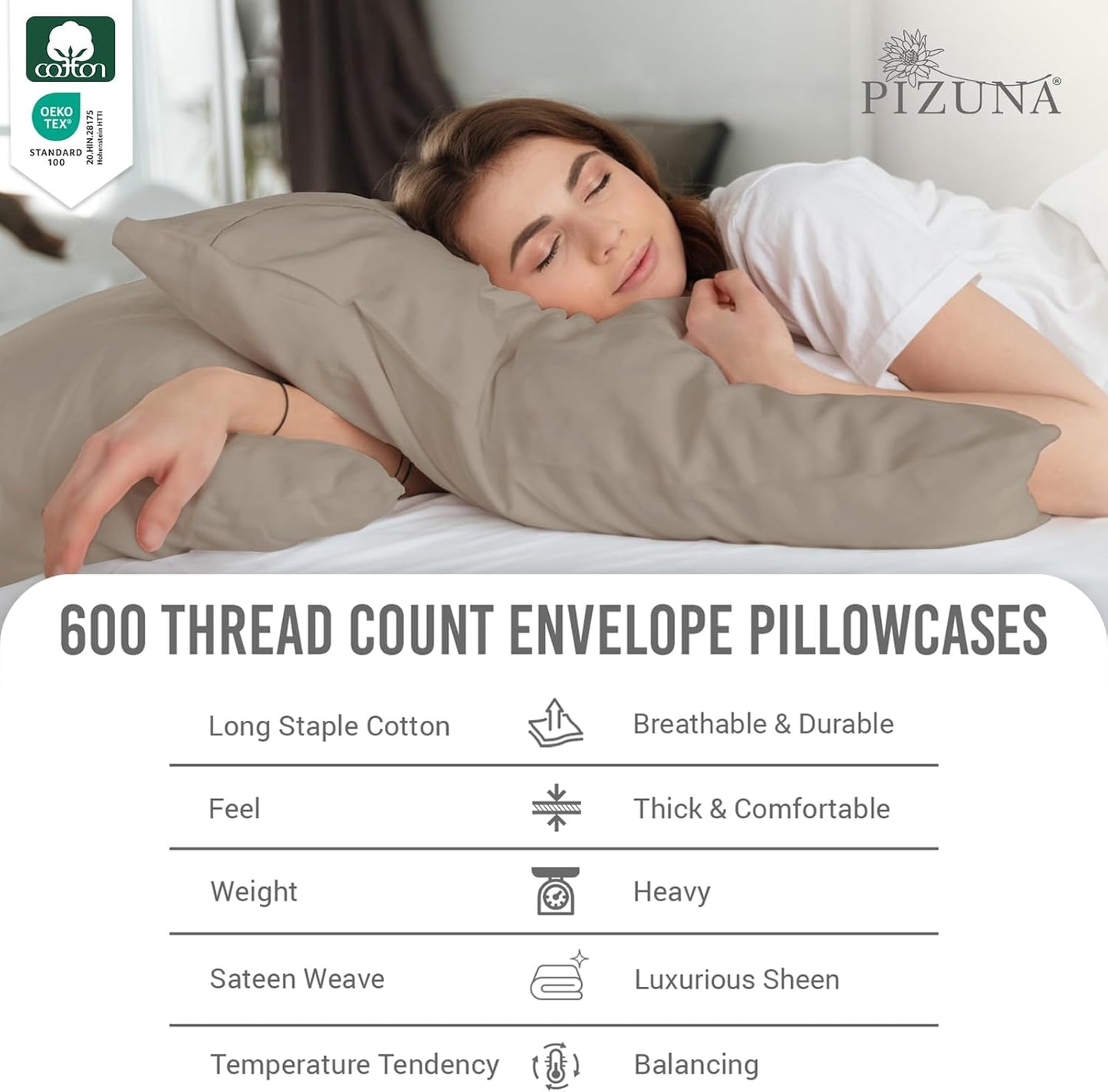 Pizuna Soft 100% Long Staple Cotton Breathable Cool Satin King Pillowcase Set of 2, Ivory, 18" x 18"