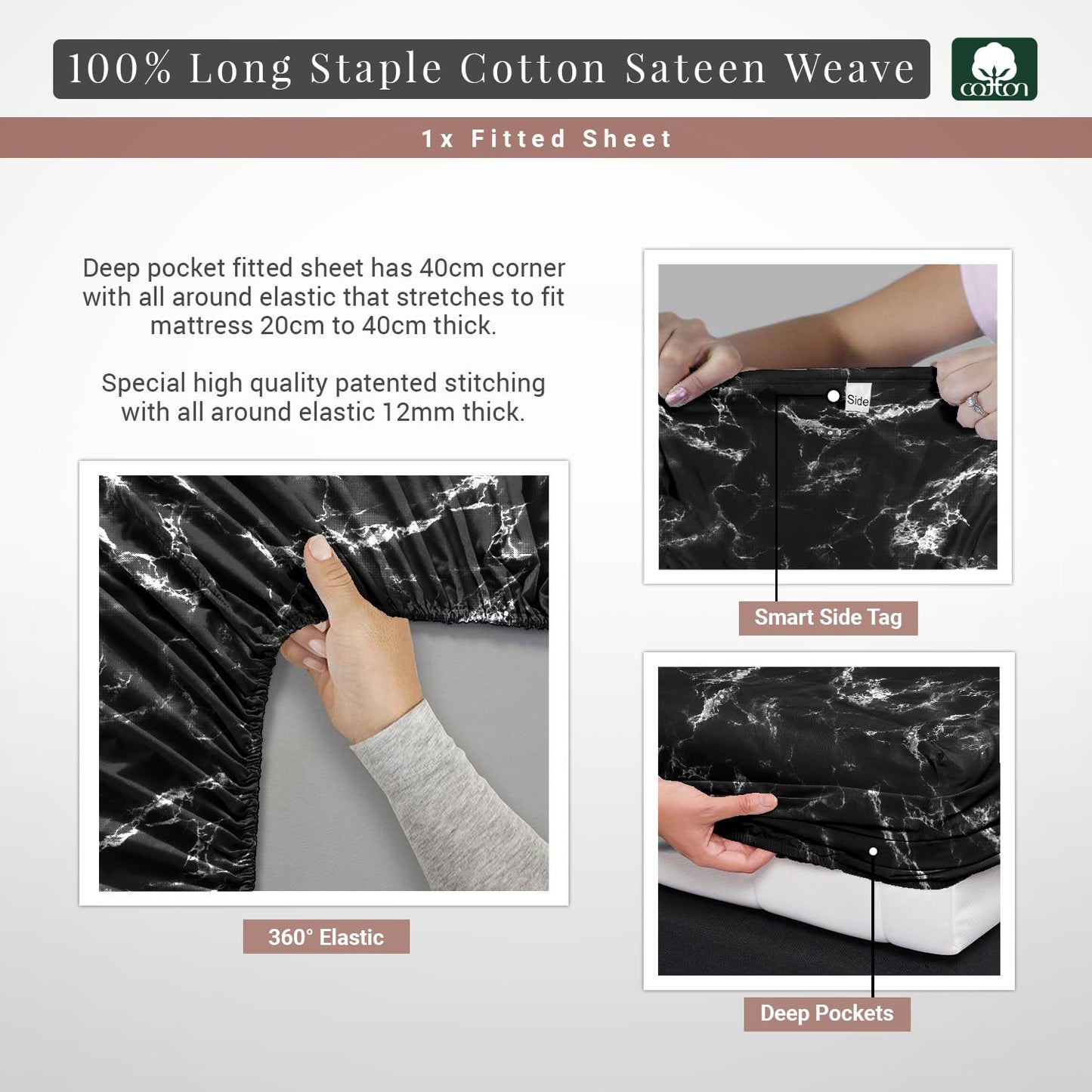 Pizuna Pure 100% Cotton Full Fitted Sheet Only, Luxurious 400 Thread Count Long Staple Cotton Sateen Weave 15" Deep Pocket Fitted Sheet (Combed Taupe Smart Plaid Full Fitted Sheet Cotton)