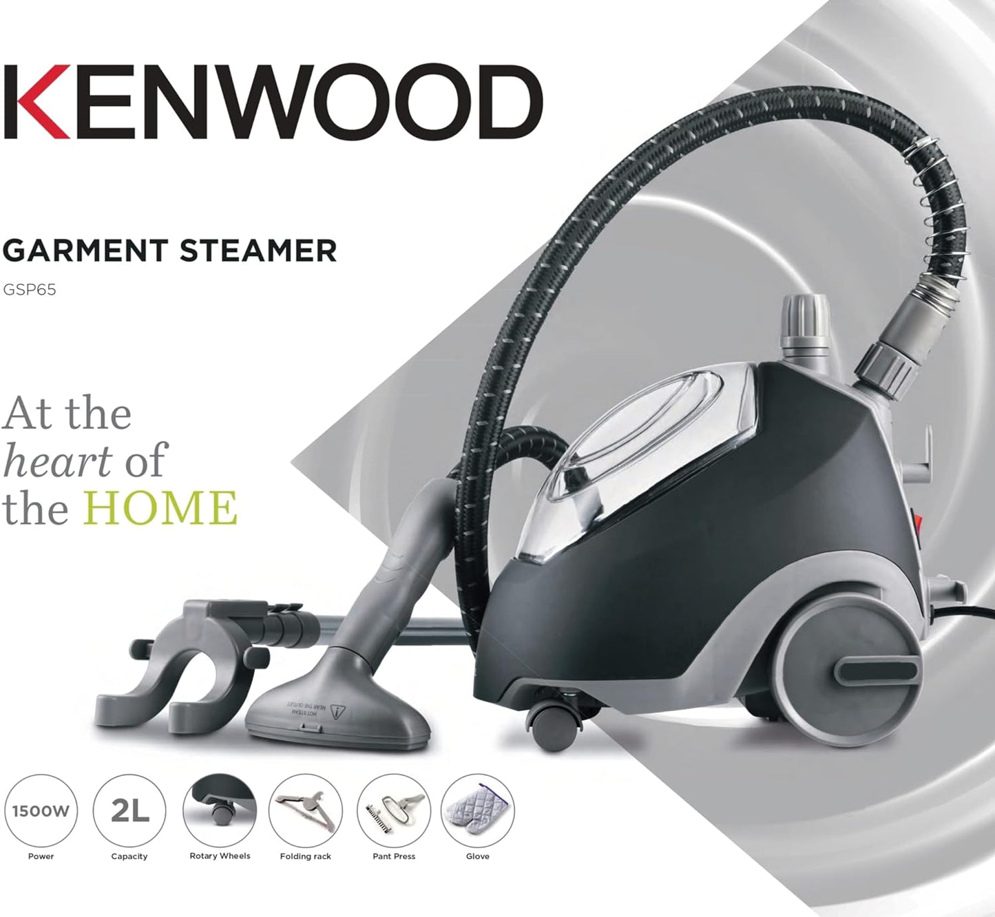 KENWOOD Garment Steamer 1500W with 2L Water Tank Capacity, Rotary Wheels, Folding Rack, Trouser Press, Glove GSP65.500BK Black