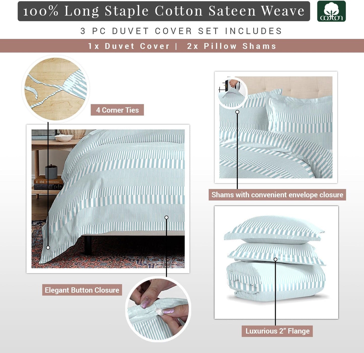 Pizuna Pure 100% Cotton Full Duvet Cover Set, Luxurious 400 Thread Count Long Staple Cotton Sateen Weave with Button Closure (Combed Grey Cascade Stripe Cotton Duvet Cover Full)