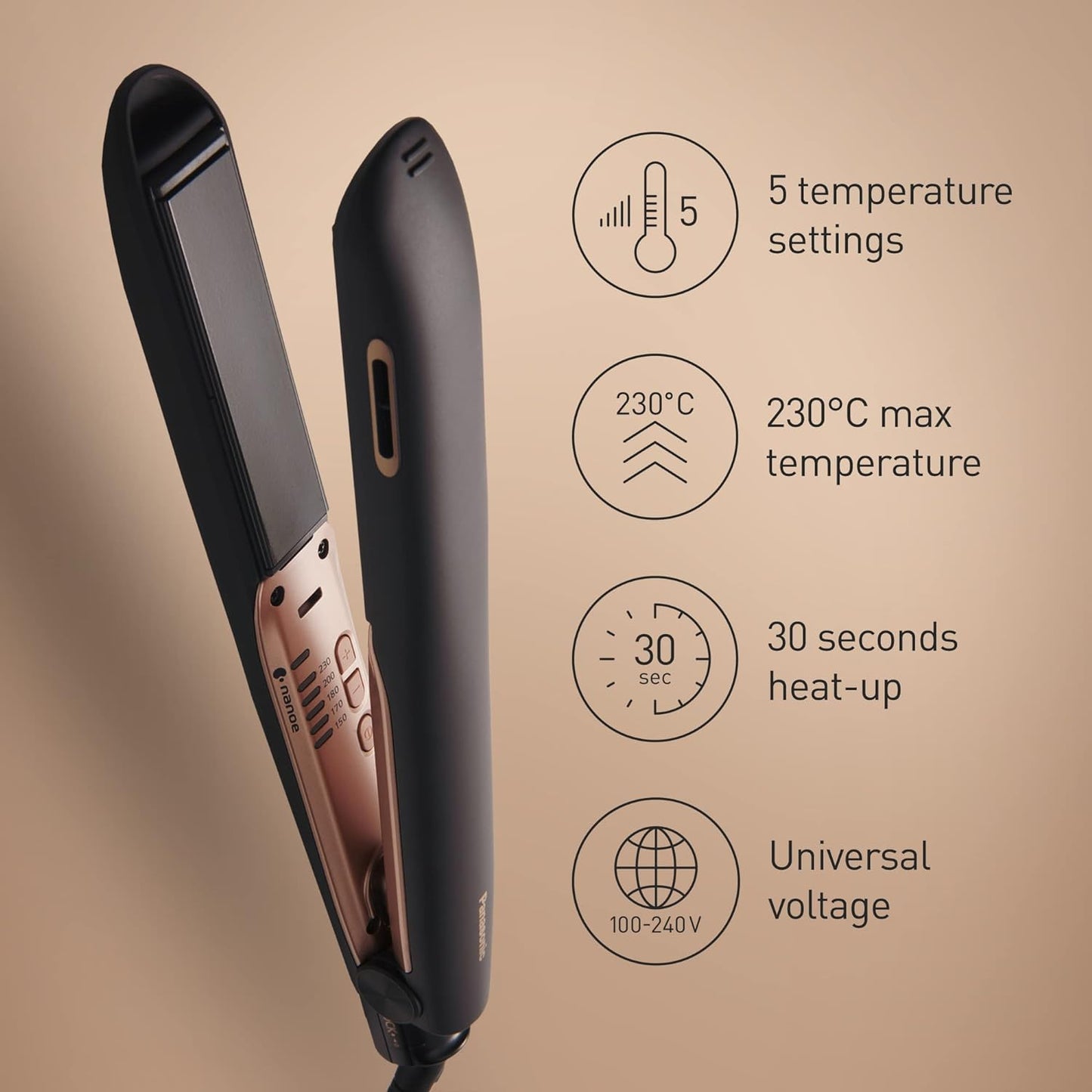 Panasonic EH-HS99 Nanoe Ceramic Hair Straightener for Improved Shine with Temperature Control (Black/Rose Gold)