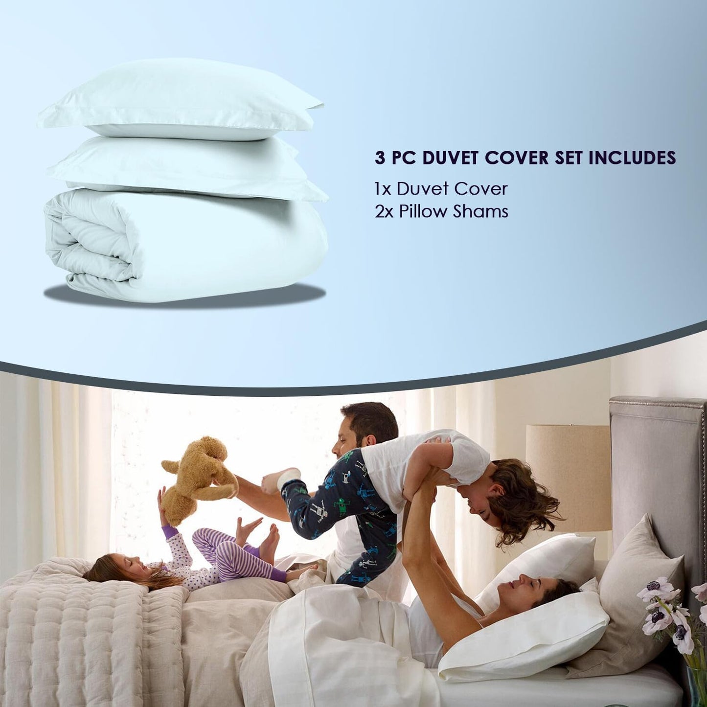 Pizuna Pure 100% Cotton King Duvet Cover Set, 1000 Thread Count Long Staple Cotton Thick Sateen Weave with Button Closure (Combed Baby Blue Cotton Duvet Cover King)