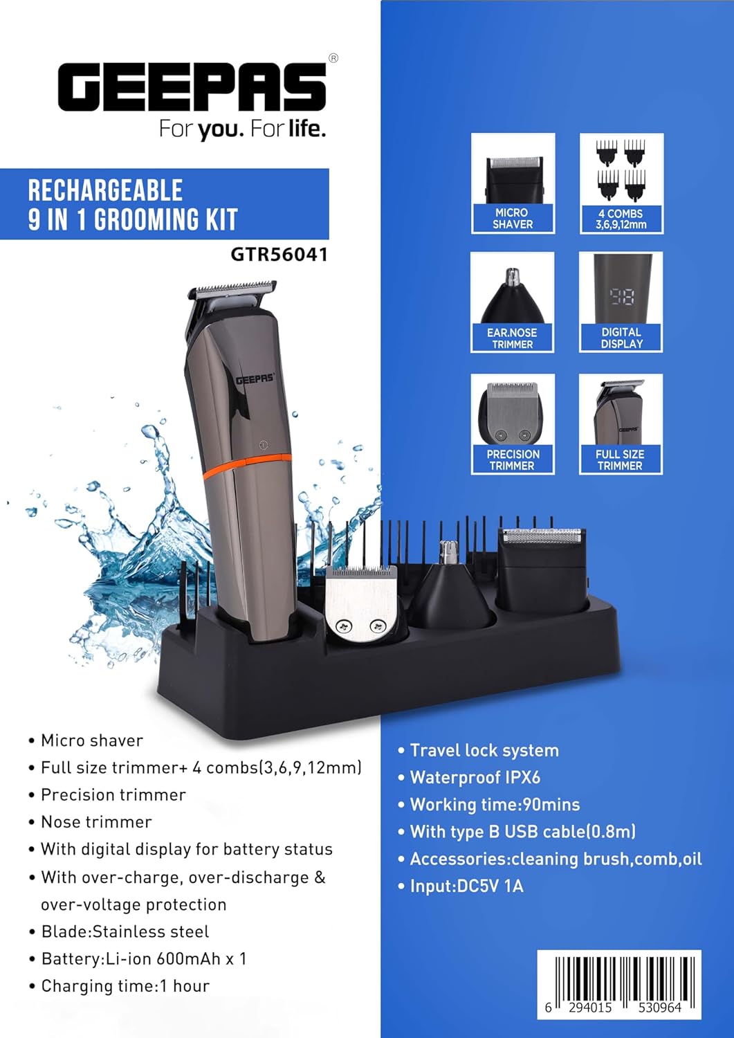 Geepas Geepas 9 In 1 Hair Trimmer 600Mah Battery Portable Cordless Hair Clippers, Grooming Kit With Stand, Digital Display Trimming Kit With 4 Interchangeable Heads For Styling Beard, Gray