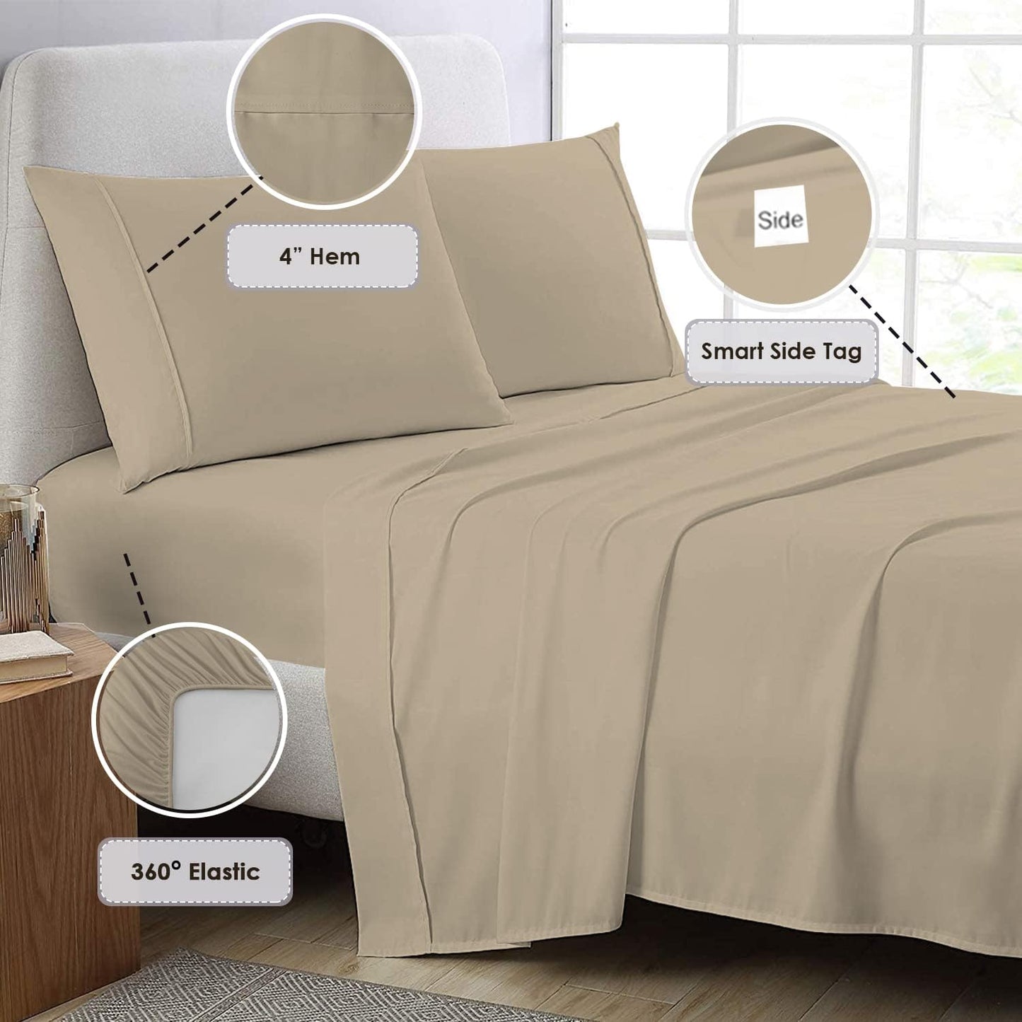 800 Thread Count Sheet Set, 100% Long Staple Pure Cotton Simply Taupe Split King Sheets, Luxurious Smooth Sateen Breathable Sheets fit Upto 15 Inch Deep Pocket (Simply Taupe Split King Cotton Sheets)