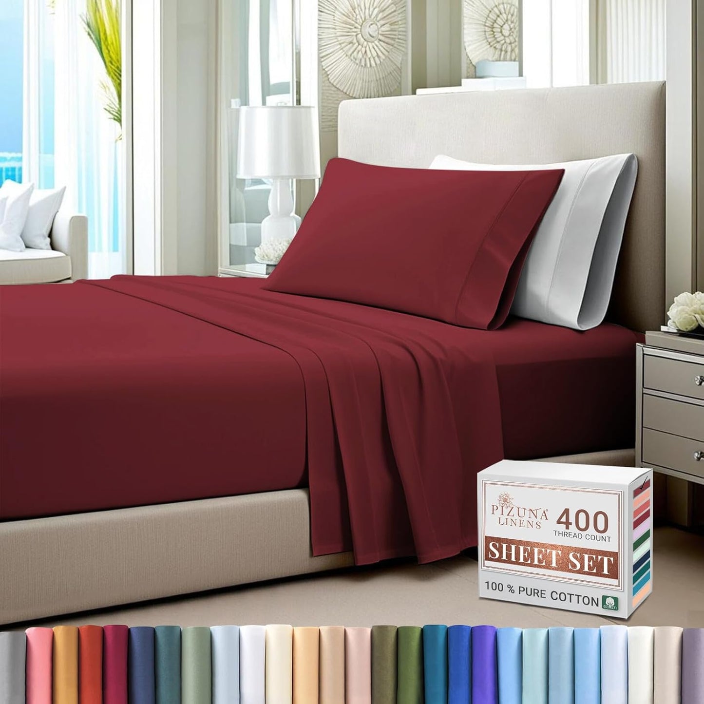 Pizuna Pure Combed Cotton California King Bed Sheet SetLight Pink, 400 Thread Count Cozy Luxury 100% Long Staple Cotton Sateen Weave Bedsheet Set (1 Flat Sheet, 1 Fitted Sheet, 2 Pillowcases)