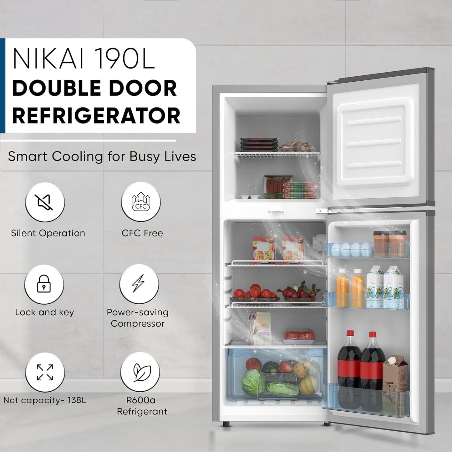 Nikai 170L Gross/112L Net, Double Door Refrigerator with Vegetable Crisper & Adjustable Glass Shelves, Defrosting & Temperature Control, Ideal for Kitchen, Bedroom, Office & Hotels - NRF170DN3M Silver