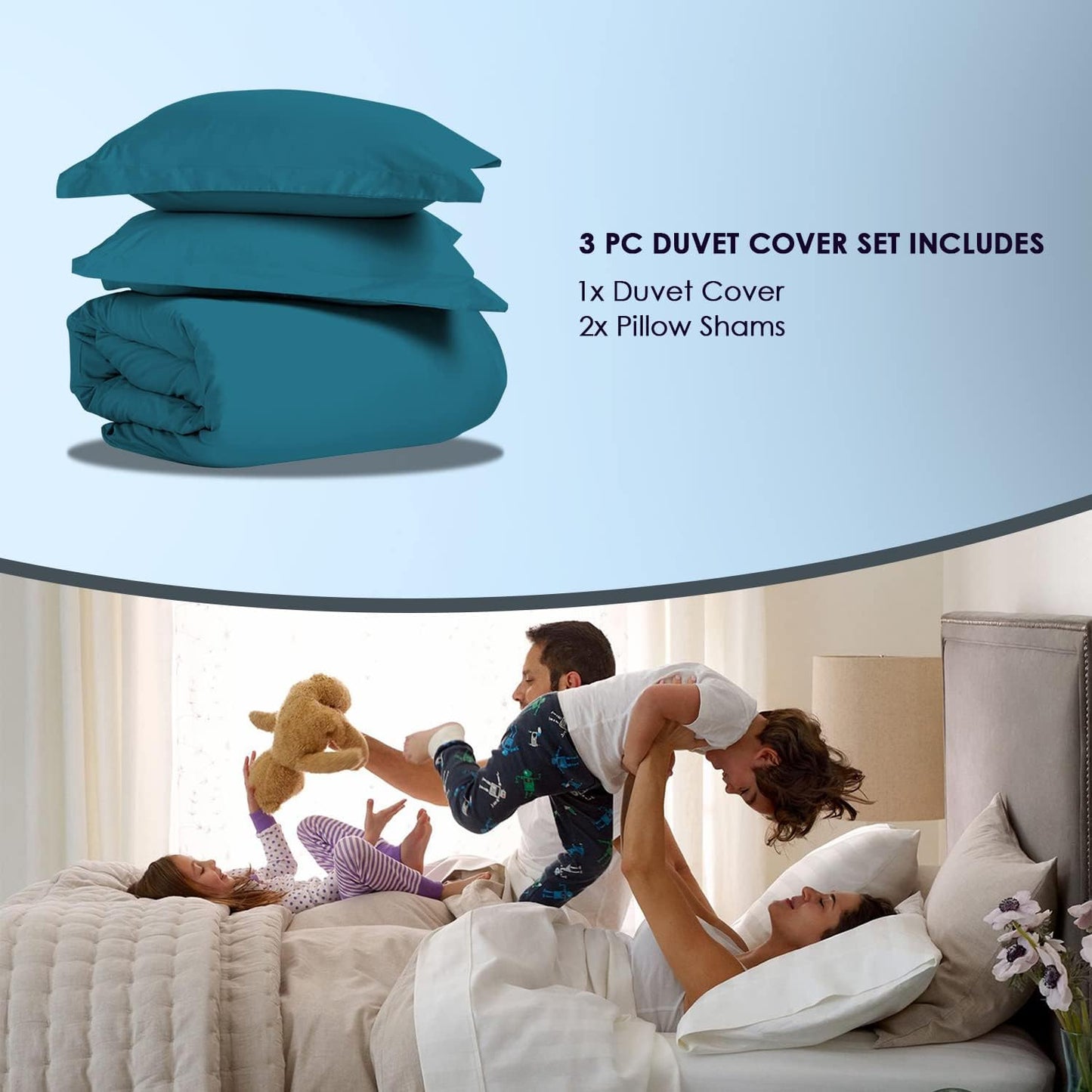Pizuna Pure 100% Cotton King Duvet Cover Set, 1000 Thread Count Long Staple Cotton Thick Sateen Weave with Button Closure (Combed Baby Blue Cotton Duvet Cover King)