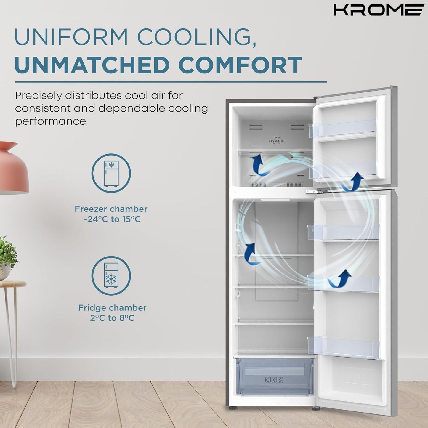 KROME 370L Gross, Top Mount Double Door Refrigerator, Automatic Defrost Freezer, A+ Energy Efficiency, Big Capacity Fridge, Quick Cooling, Silver, 10 Year Compressor Warranty, KR-REF370T