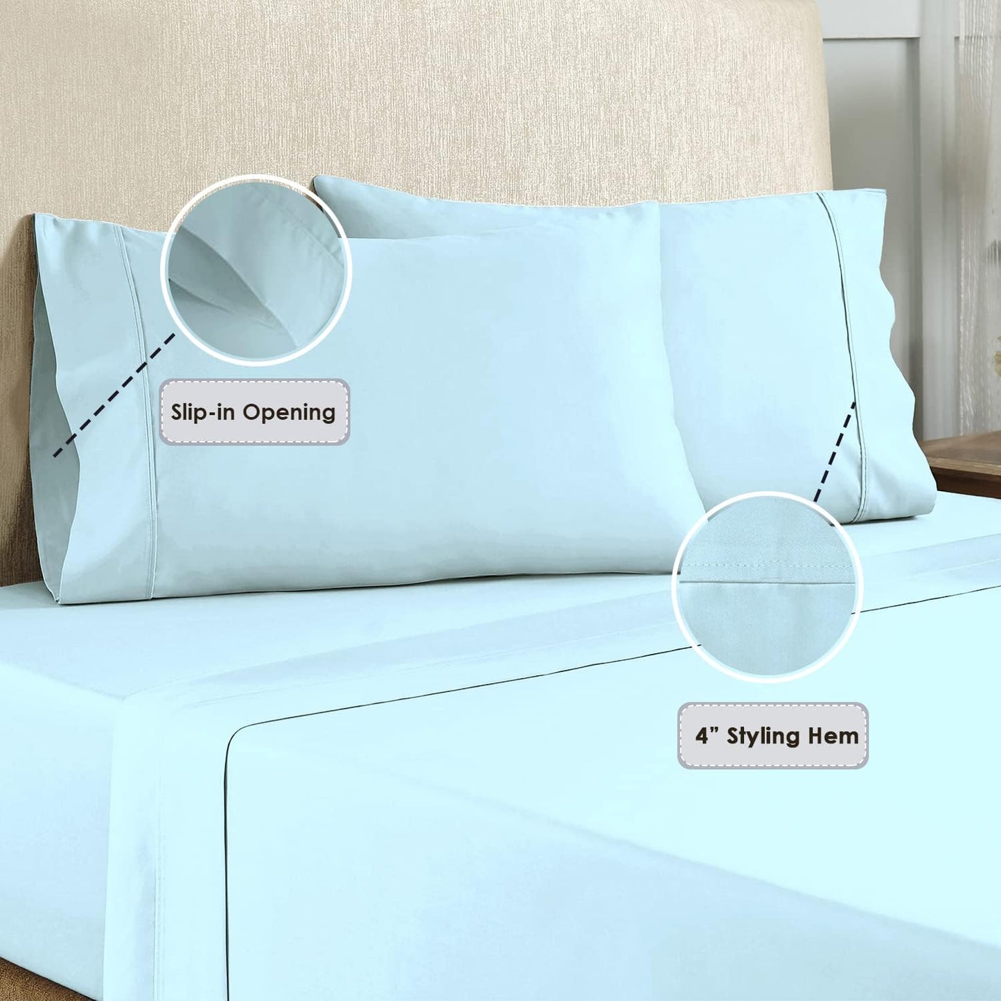 Pizuna 800 Thread Count Cotton King Pillowcases Baby Blue, 100% Long Staple Cotton Smooth Sateen Pillowcase, Cool & Substantial Set of 2 Pillow Covers (Baby Blue King Size 100% Cotton Pillow Cases)