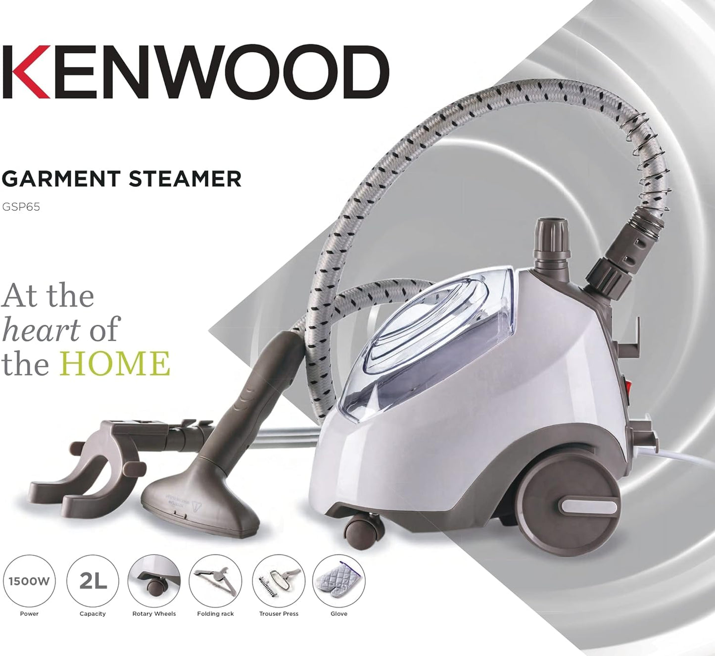KENWOOD Garment Steamer 1500W with 2L Water Tank Capacity, Rotary Wheels, Folding Rack, Trouser Press, Glove GSP65.500BK Black