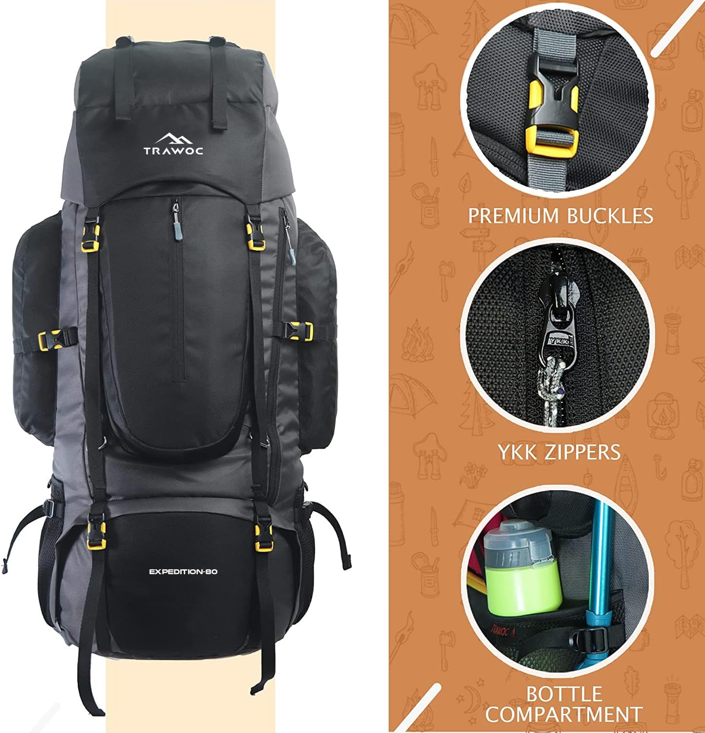 TRAWOC 80L Travel Backpack Camping Hiking Rucksack Trekking Bag with Water Proof Rain Cover/Shoe Compartment, BHK001