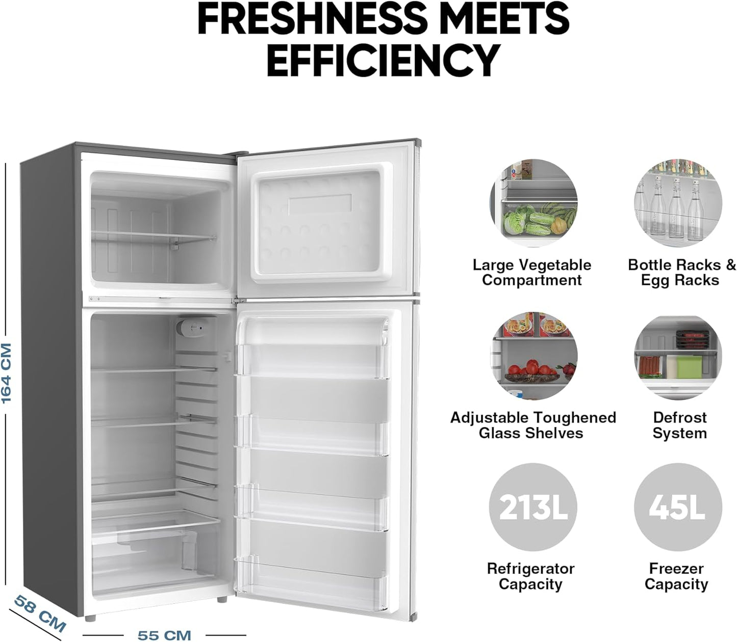 Nikai 170L Gross/112L Net, Double Door Refrigerator with Vegetable Crisper & Adjustable Glass Shelves, Defrosting & Temperature Control, Ideal for Kitchen, Bedroom, Office & Hotels - NRF170DN3M Silver