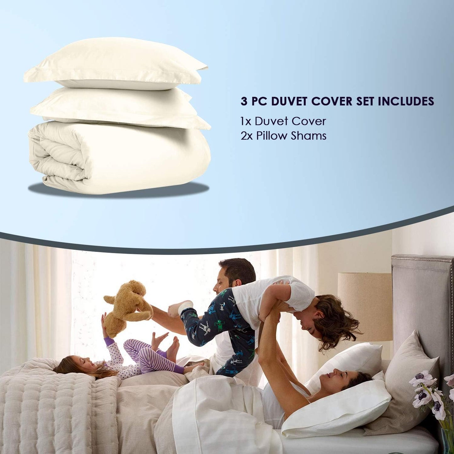 Pizuna Pure 100% Cotton King Duvet Cover Set, 1000 Thread Count Long Staple Cotton Thick Sateen Weave with Button Closure (Combed Baby Blue Cotton Duvet Cover King)