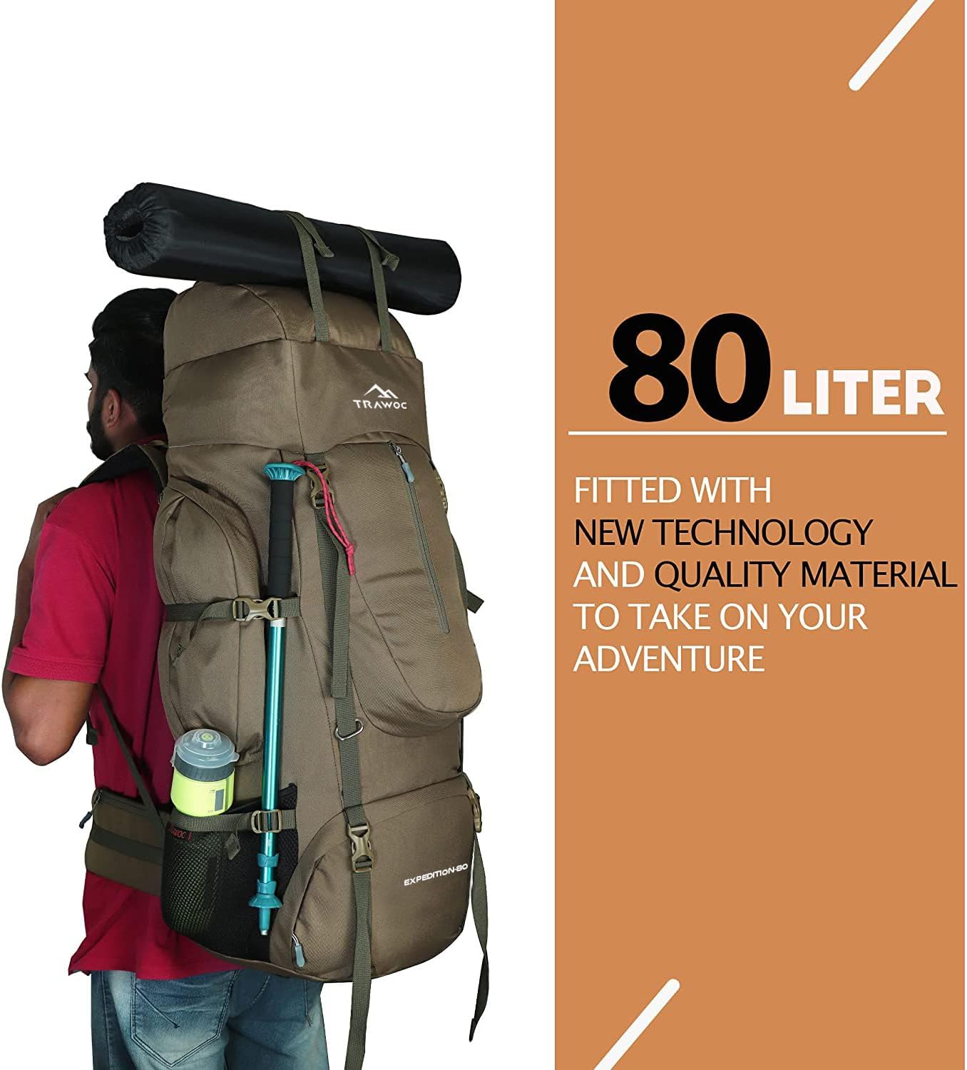 TRAWOC 80L Travel Backpack Camping Hiking Rucksack Trekking Bag with Water Proof Rain Cover/Shoe Compartment, BHK001