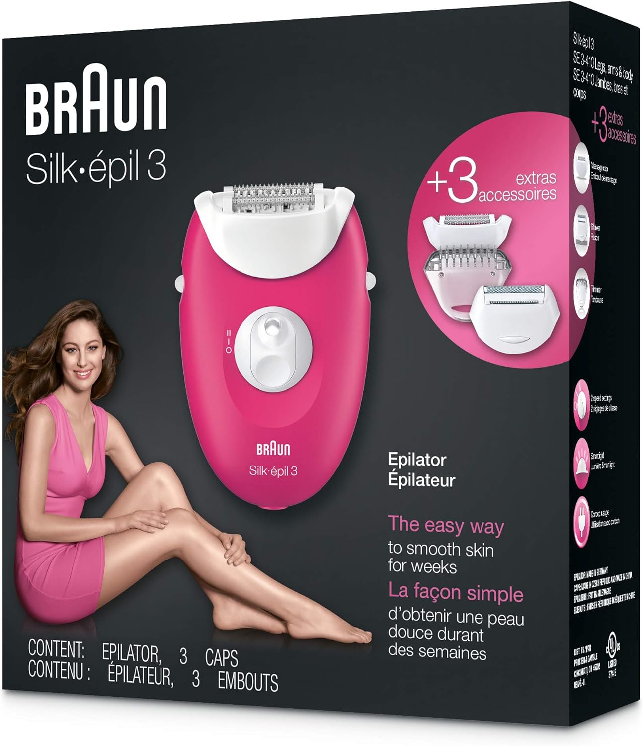 Braun Silk Epil 3 410 Epilator With 2 Extras, Raspberry Pink / White