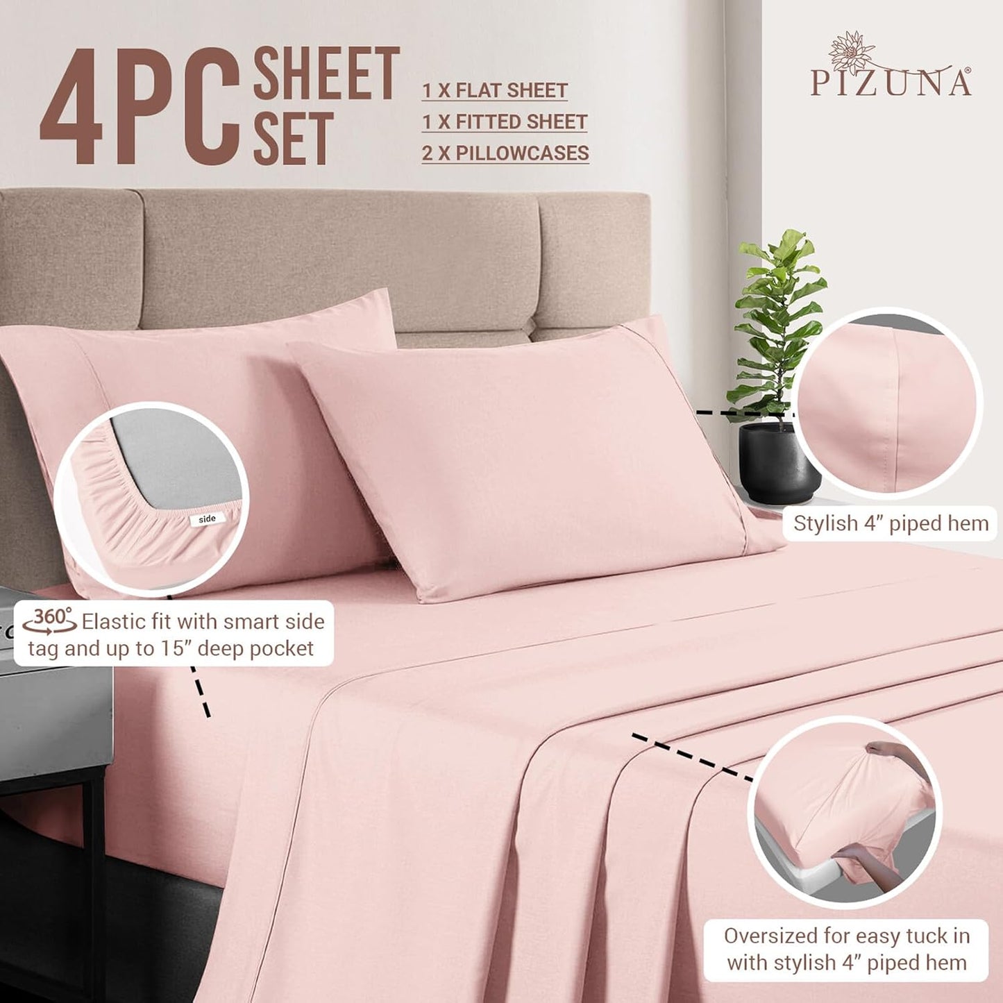 Pizuna Pure 100% Cotton Short King Sheets For RV Light Pink, Luxurious 400 Thread Count Long Staple Cotton Sateen Cooling RV King Short Sheets - 4 PC