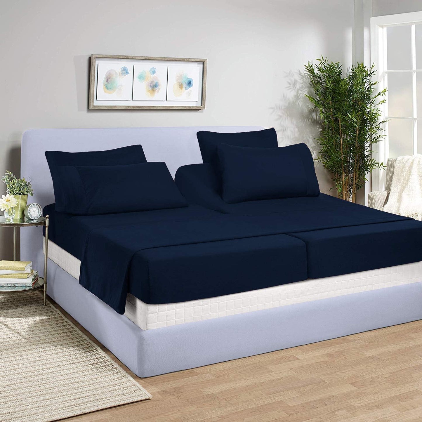 Split California King Sheet Set for Adjustable Beds - Navy Blue Solid, 800 Thread Count 100% Egyptian Cotton, Sateen Weave Comfortable - 5 Piece Set, 15" Deep Pocket with All Around Elastic
