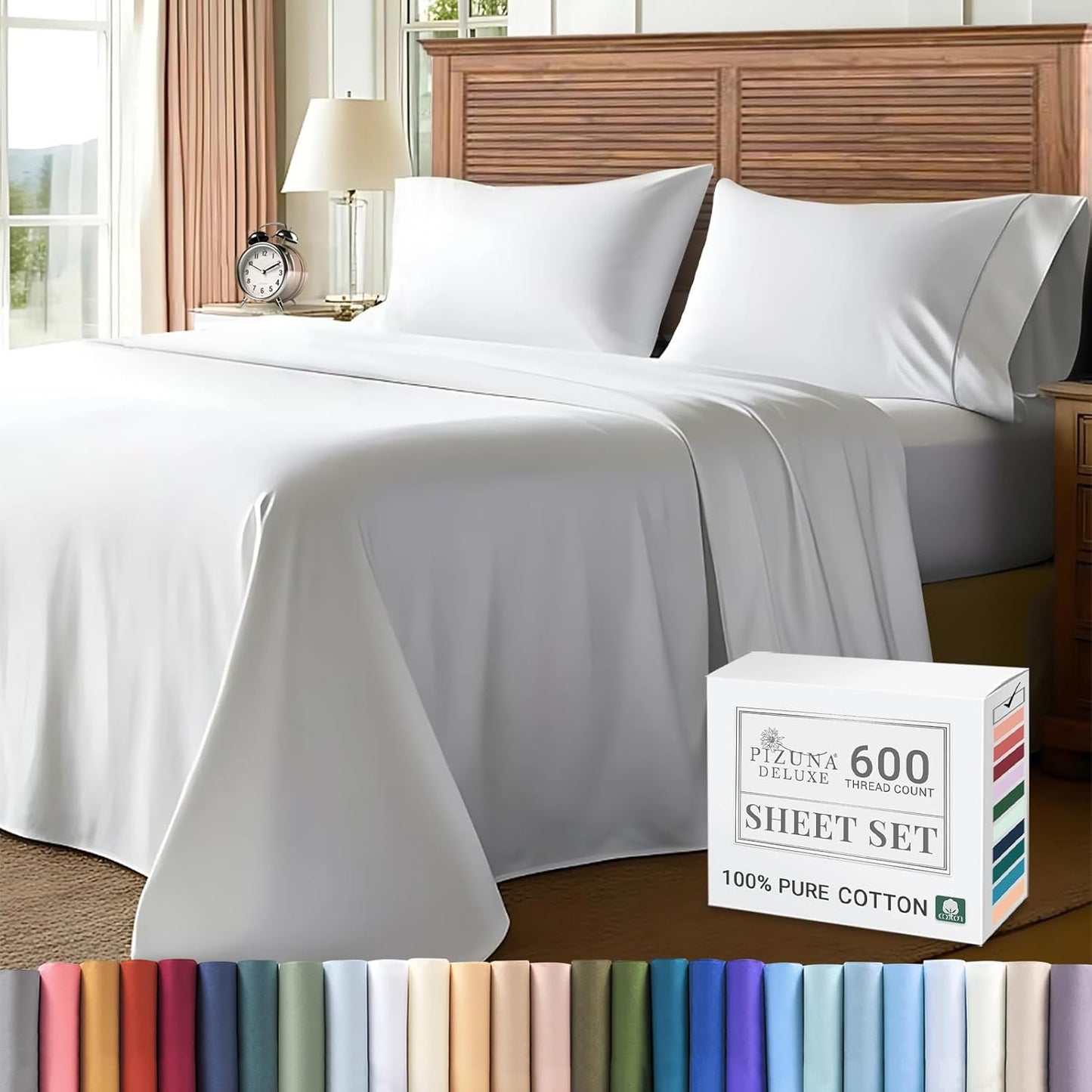 Pizuna Pure 100% Cotton Sheets Split King Size, 600 Thread Count Long Staple Cotton Crisp Sateen Sheets Split King with 15" Deep Pocket (Combed Black Cotton Sheets Split King)