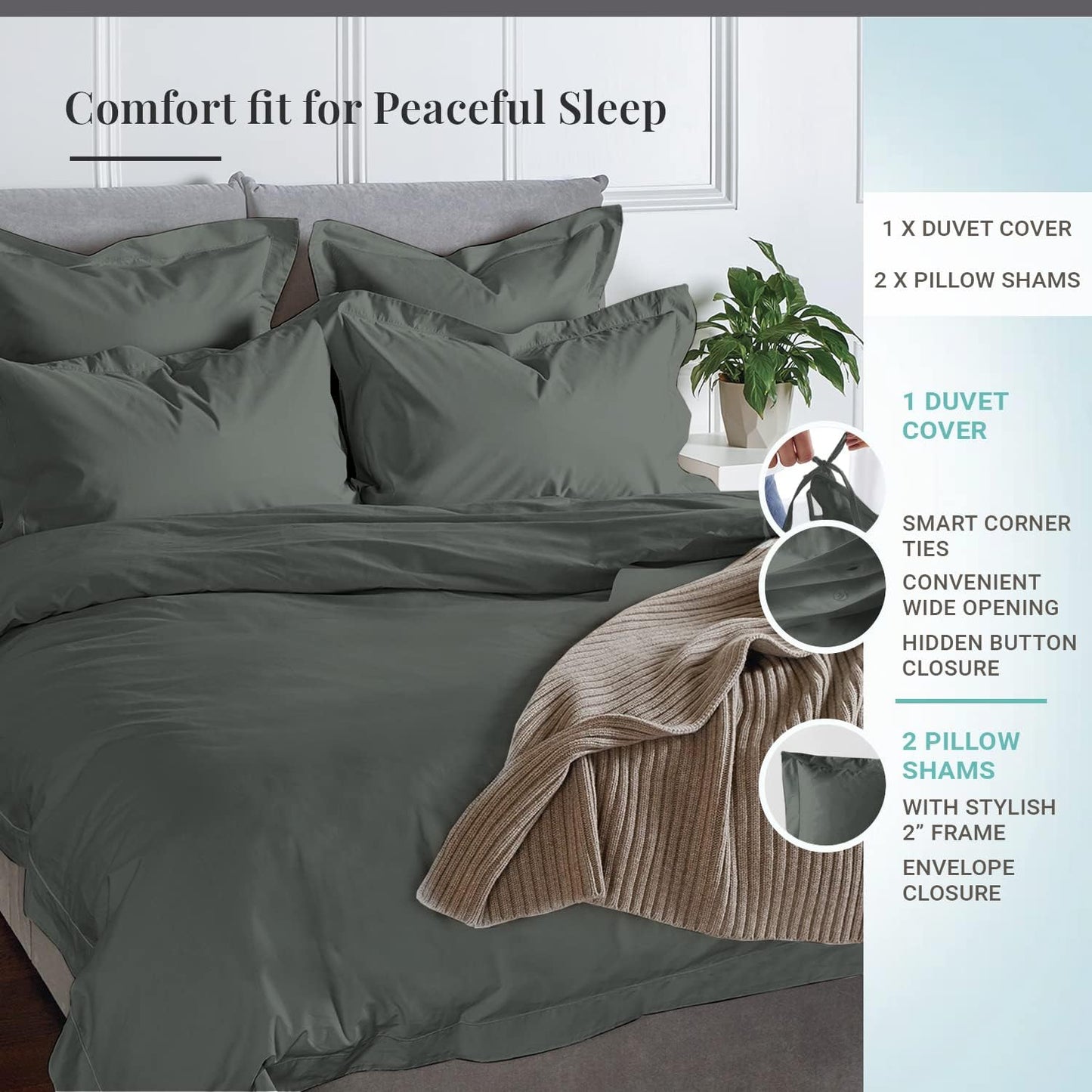 Pizuna Pure 100% Cotton Queen Duvet Cover Set, 600 Thread Count Long Staple Cotton Crisp Sateen Weave with Button Closure (Combed Simply Taupe Cotton Duvet Cover Queen)