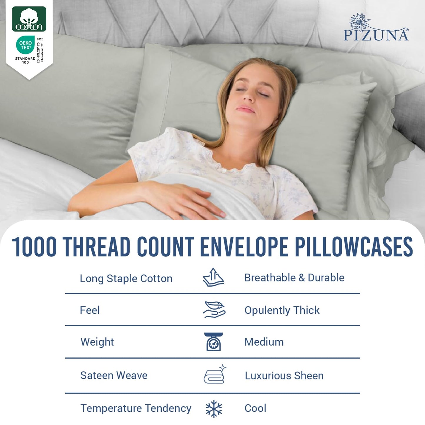 Pizuna 100% Luxury Cotton King Size Pillow Case Dark Blue, 1000 Thread Count 100% Long Staple Cotton Sateen Pillowcase, Pillow Covers with Stylish 4" Hem (Combed Cotton King Pillowcase Set of 2)