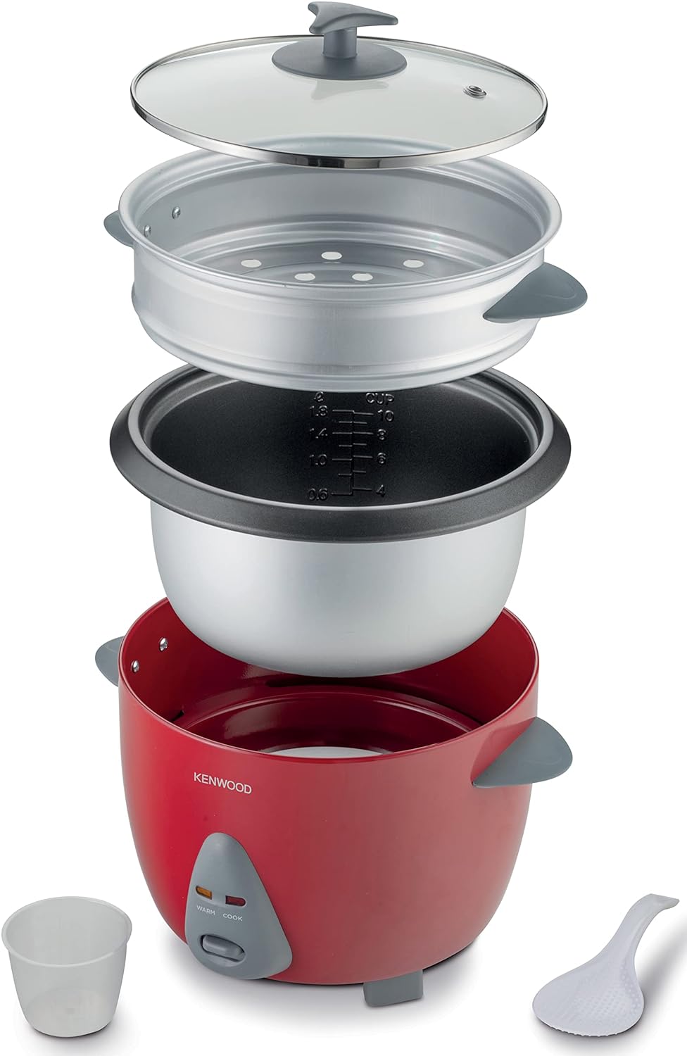 KENWOOD 2-in-1 Rice Cooker 1.8L 10-Cups Rice with Food Steamer Basket, Non-Stick Cooking Pot, Temepered Glass Lid, Warm/Cook Lights, Spatula Holder, Detachable Cord RCM44.000RD Red
