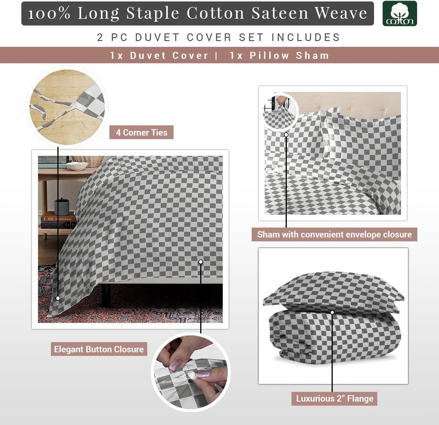Pizuna Pure 100% Cotton Full Duvet Cover Set, Luxurious 400 Thread Count Long Staple Cotton Sateen Weave with Button Closure (Combed Grey Cascade Stripe Cotton Duvet Cover Full)