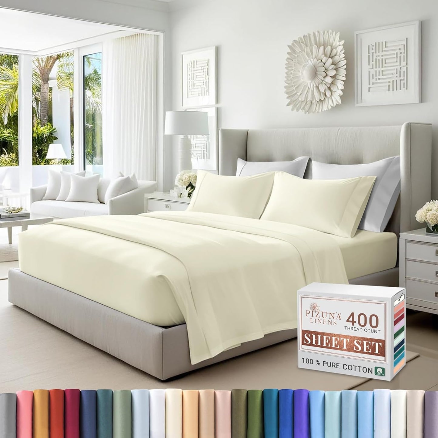 Pizuna Pure 100% Cotton Sheets California King Size, Luxurious 400 Thread Count Long Staple Cotton Sateen Sheets California King with 15inch Deep Pocket (Combed Cotton Sheets California King)