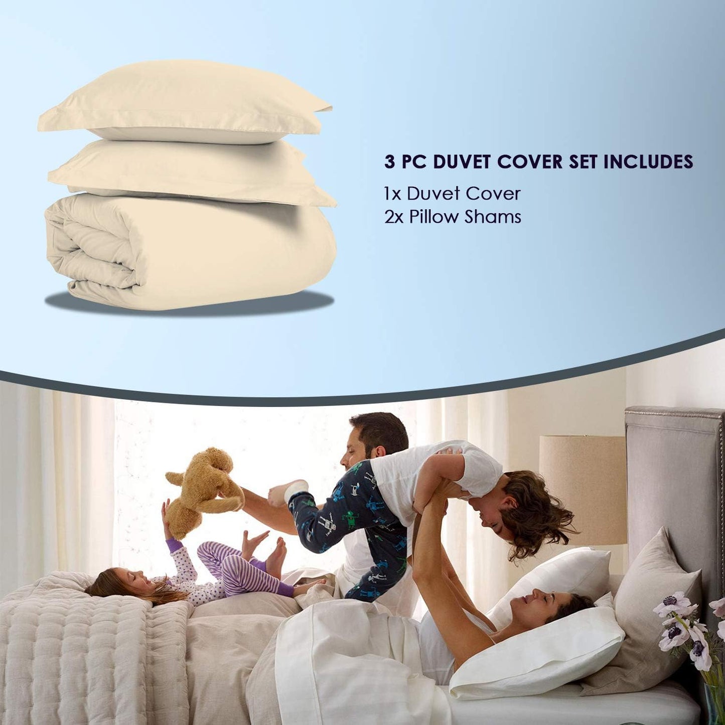 Pizuna Pure 100% Cotton King Duvet Cover Set, 1000 Thread Count Long Staple Cotton Thick Sateen Weave with Button Closure (Combed Baby Blue Cotton Duvet Cover King)