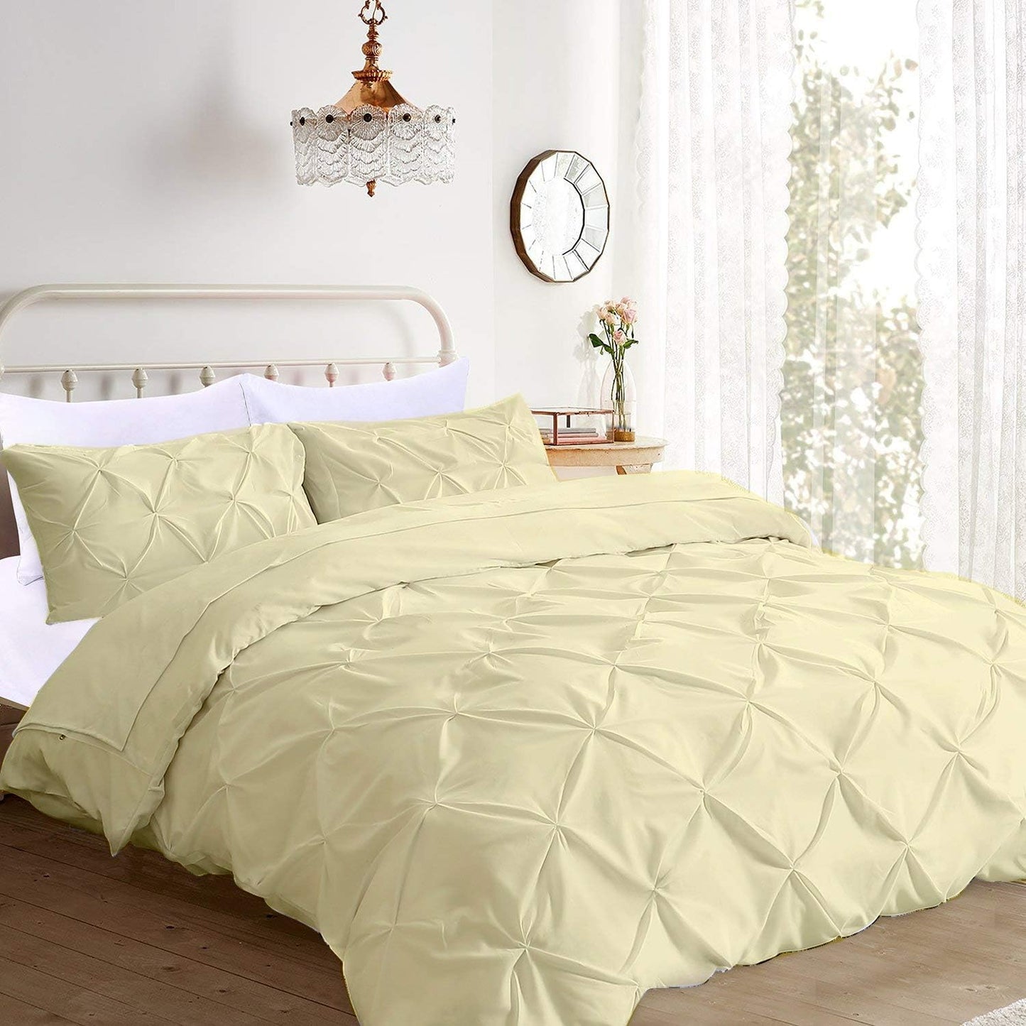 Soft Reliable Luxurious 3Pcs Pinch Pleated Duvet Cover Set Zipper Closer with Corner Ties Super King (116" x 98") Size, 100% Egyptian Cotton 800TC Stain Resistant Ivory Solid