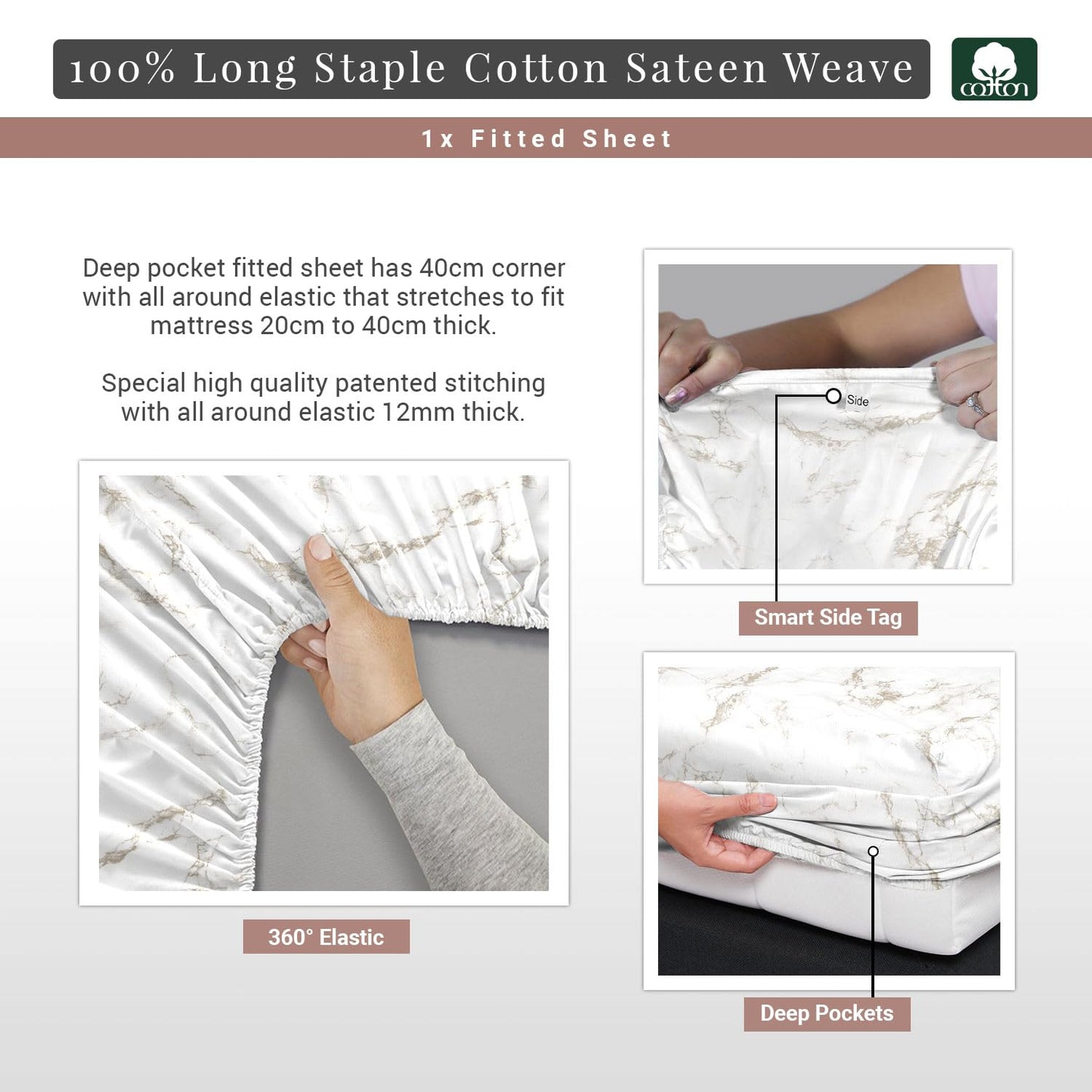 Pizuna Pure 100% Cotton Full Fitted Sheet Only, Luxurious 400 Thread Count Long Staple Cotton Sateen Weave 15" Deep Pocket Fitted Sheet (Combed Taupe Smart Plaid Full Fitted Sheet Cotton)