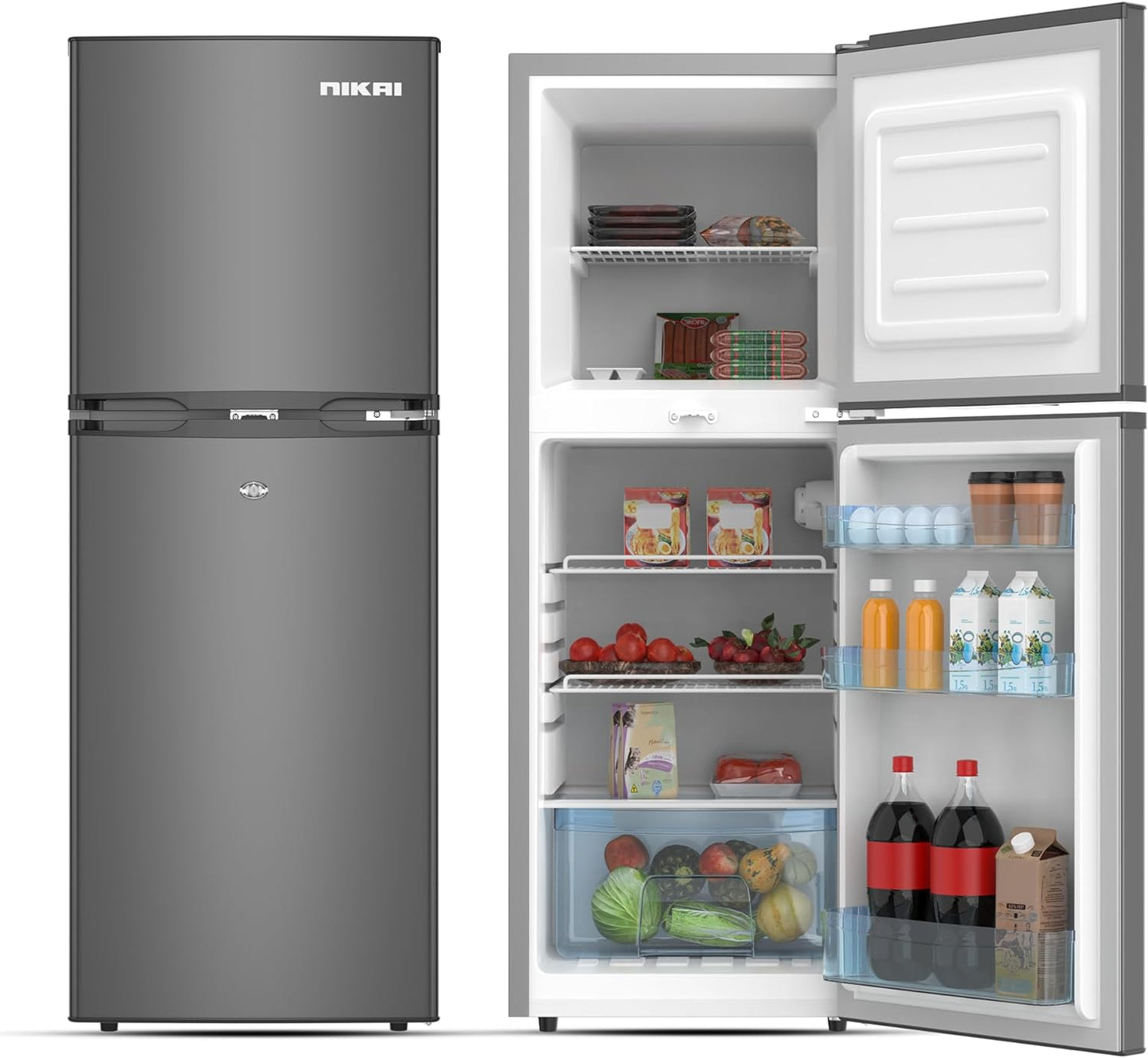 Nikai 170L Gross/112L Net, Double Door Refrigerator with Vegetable Crisper & Adjustable Glass Shelves, Defrosting & Temperature Control, Ideal for Kitchen, Bedroom, Office & Hotels - NRF170DN3M Silver