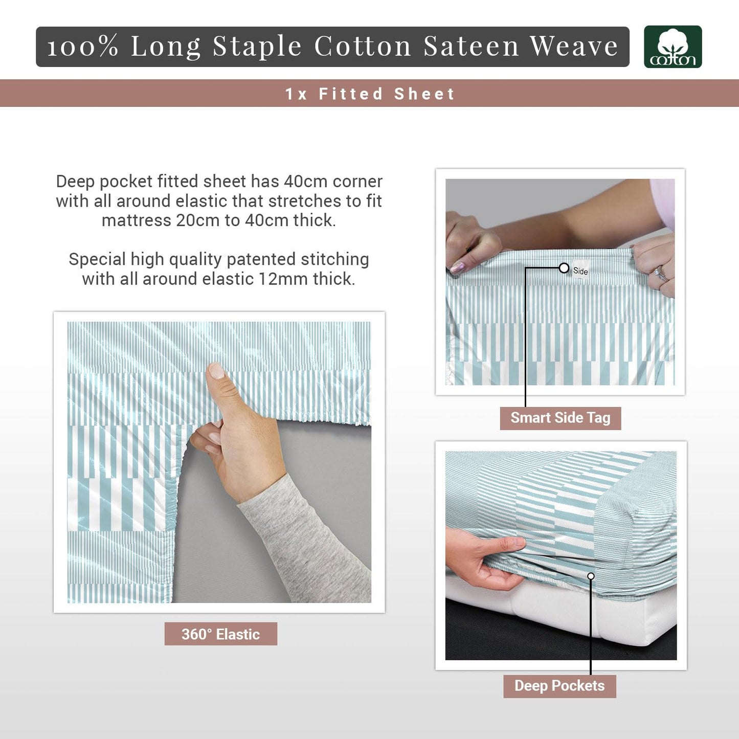 Pizuna Pure 100% Cotton Full Fitted Sheet Only, Luxurious 400 Thread Count Long Staple Cotton Sateen Weave 15" Deep Pocket Fitted Sheet (Combed Blue Cascade Stripe Full Fitted Sheet Cotton)