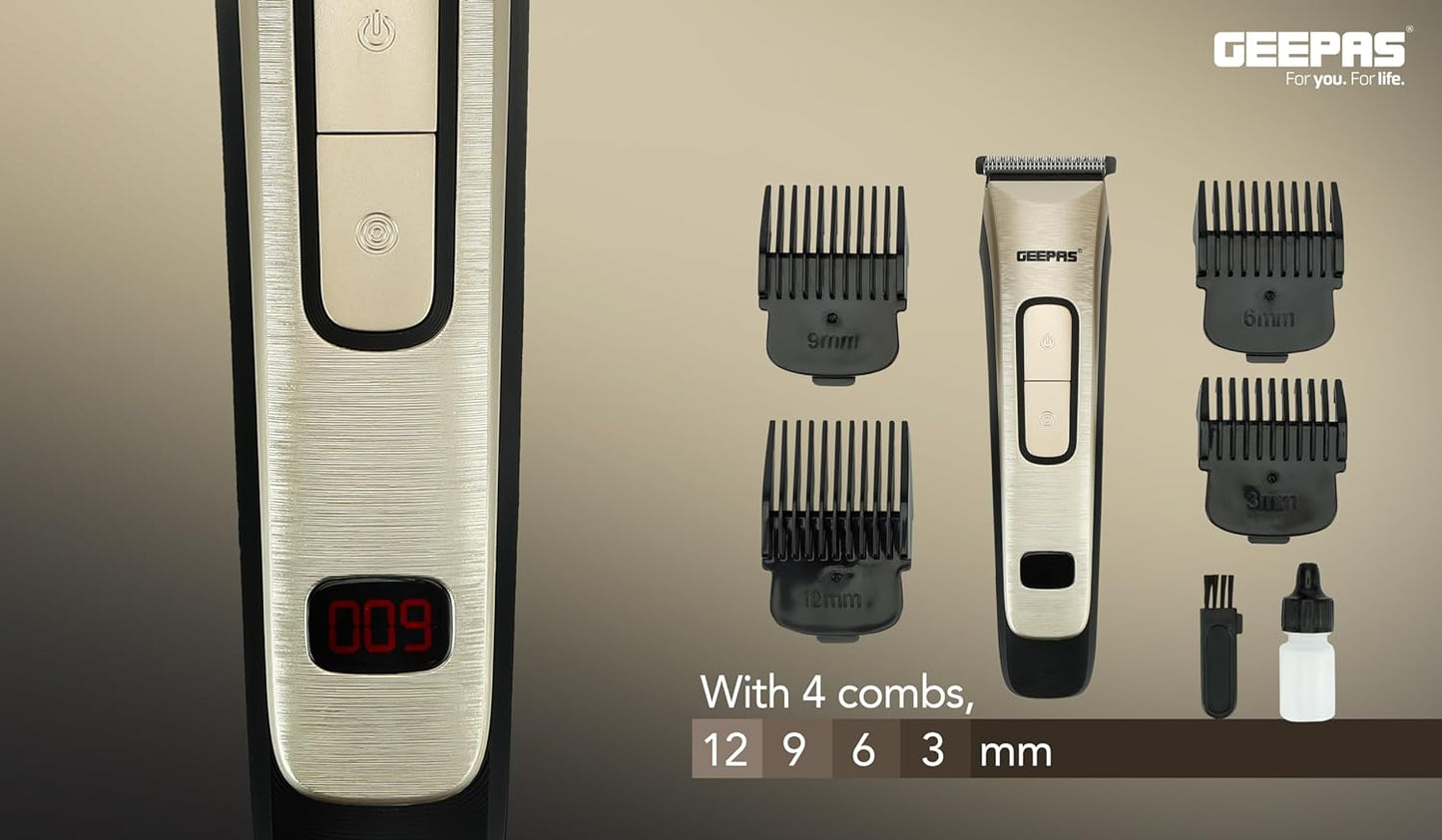Geepas Rechargeable Hair Clipper- GTR1383| Cordless Hair and Beard Trimmer with High Capacity Battery| Includes 4 Comb Attachments| Precision Steel Blade for Constant Cutting| 2 Years Warranty