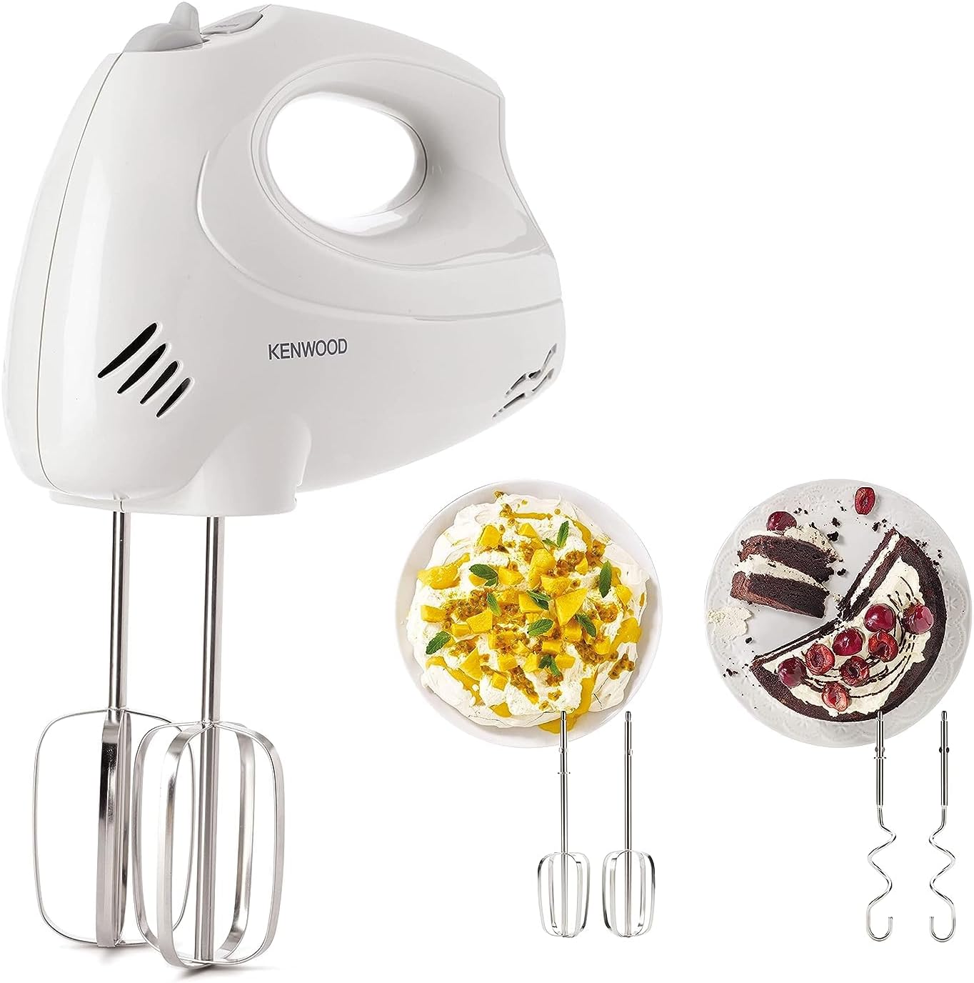 KENWOOD Hand Mixer (Electric Whisk) 300W with 5 Speeds + Turbo Button, Twin Stainless Steel Kneader and Beater for Mixing, Whipping, Whisking, Kneading HMP20.000WH White